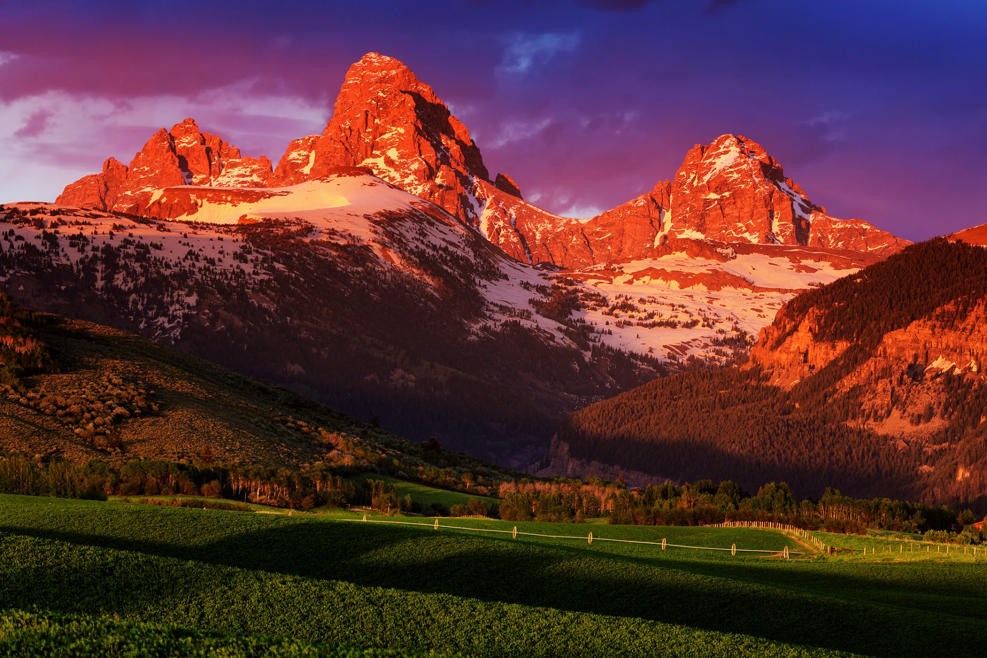 united states wyoming grand teton national park summer june farm sunset