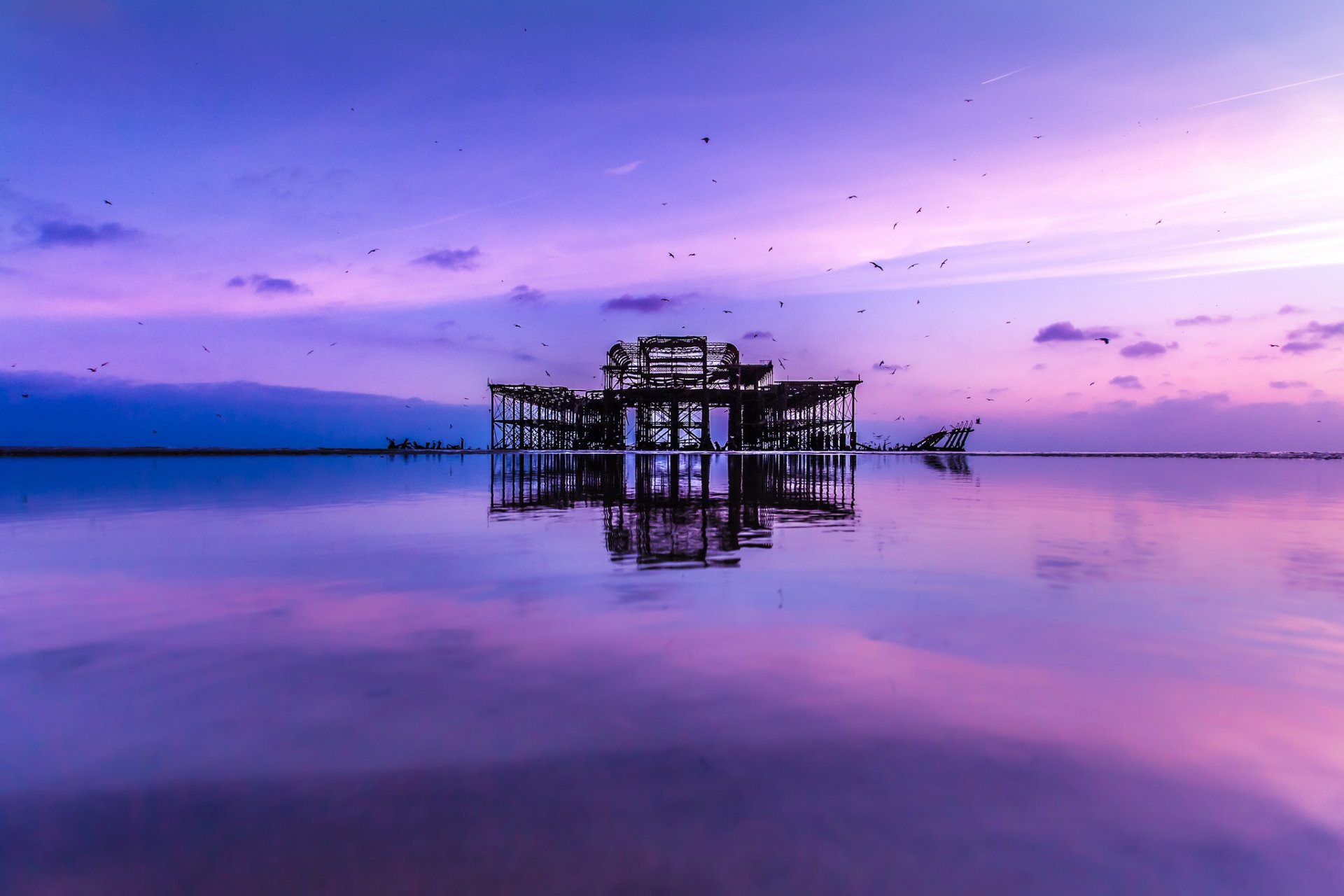 meer wasser oberfläche ruhe pier vögel blau flieder himmel wolken