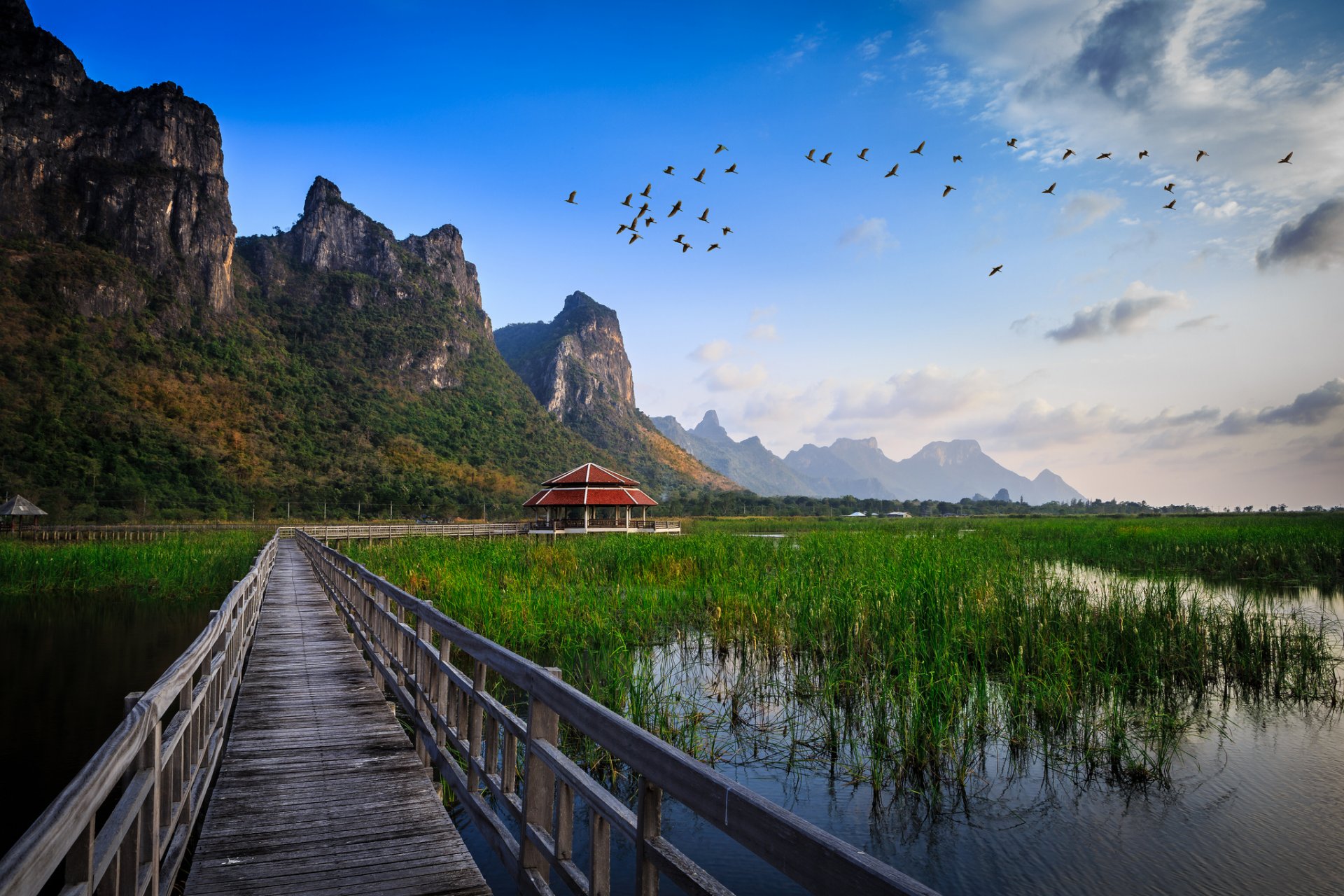 national park thailand bridge water lake grass hut construction mountain bird