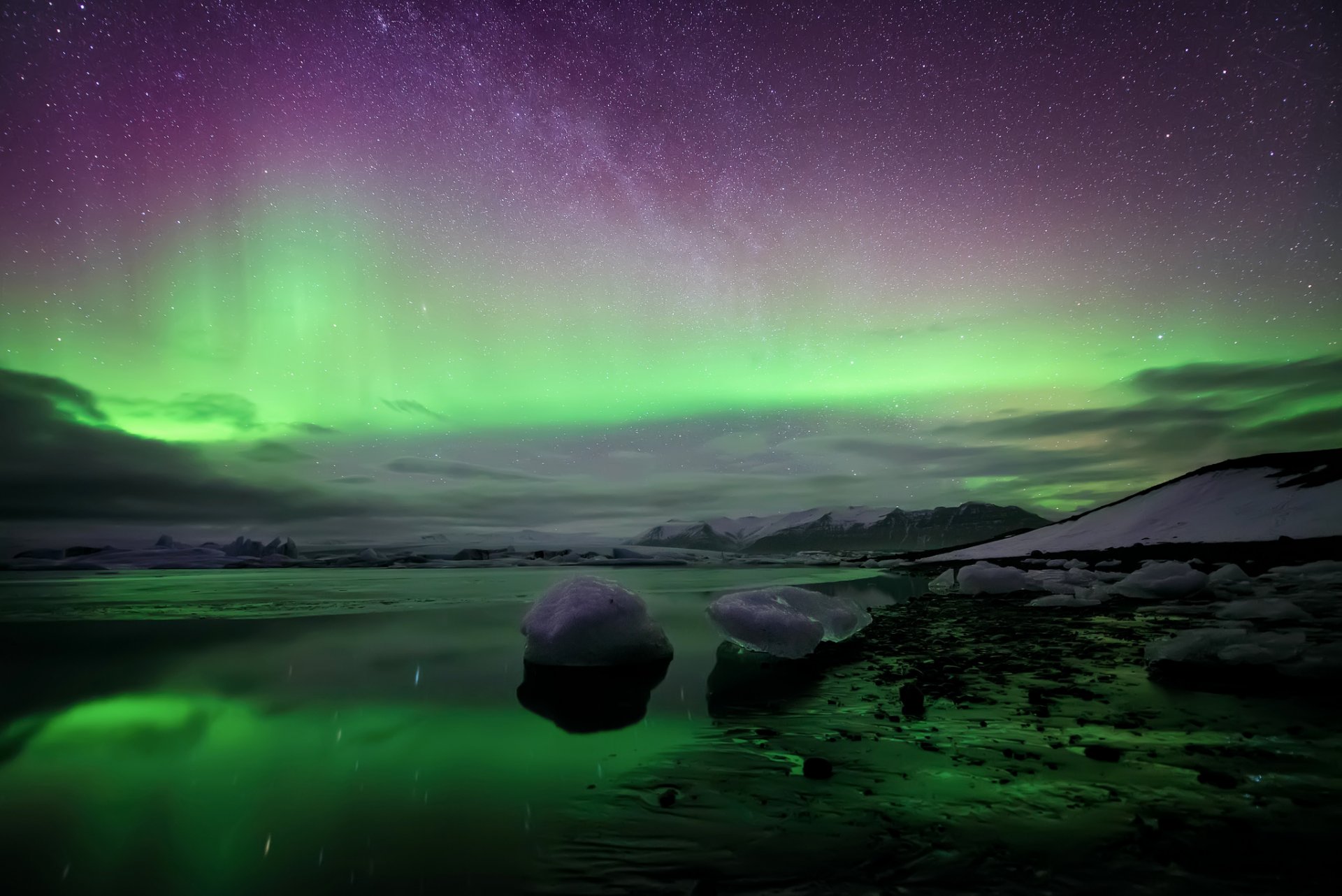 island jökulsárlón nordlichter milchstraße nacht sterne frühling märz von conor macneill