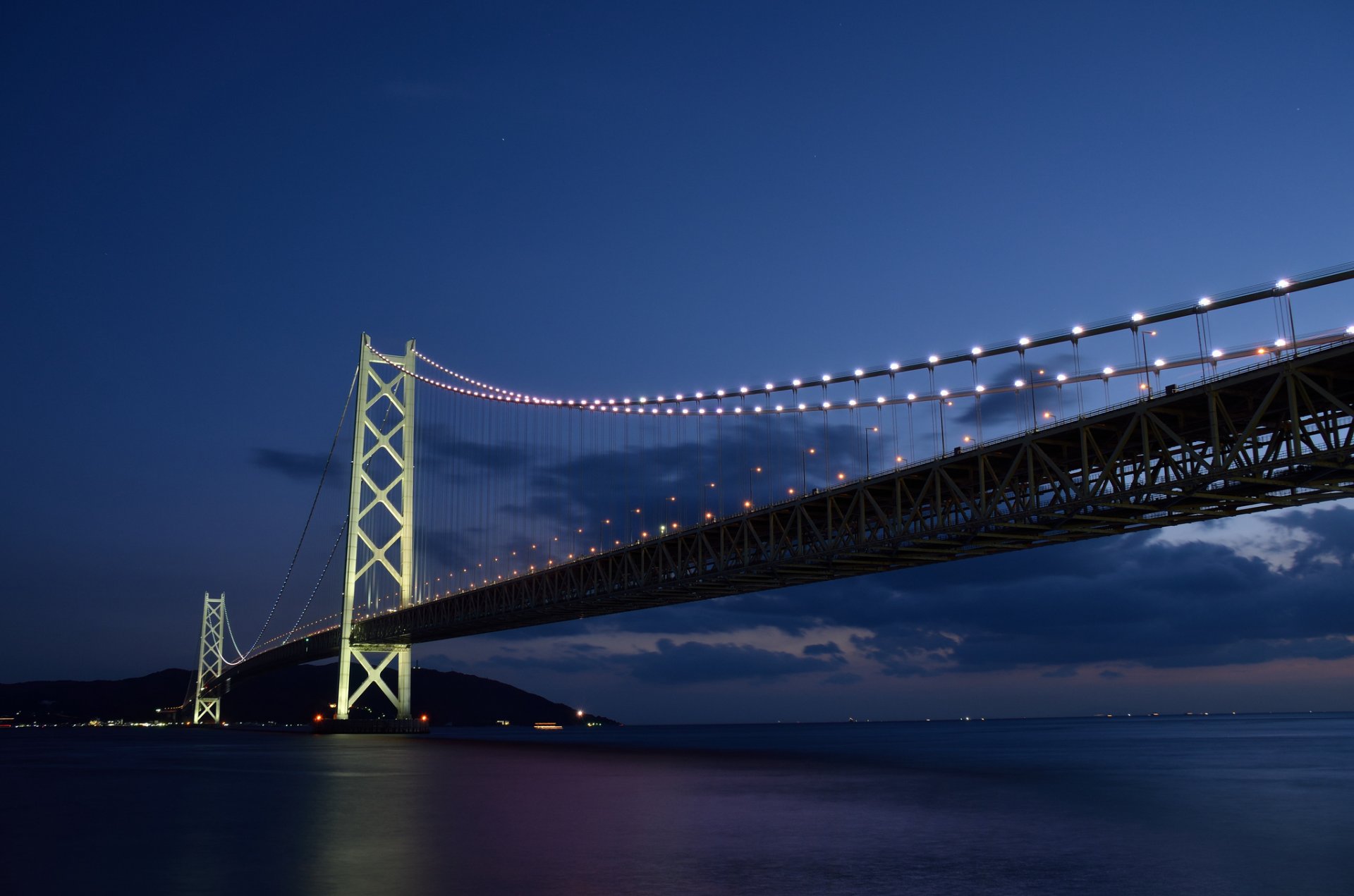 japan bridge light lights sea strait sunset night blue sky cloud