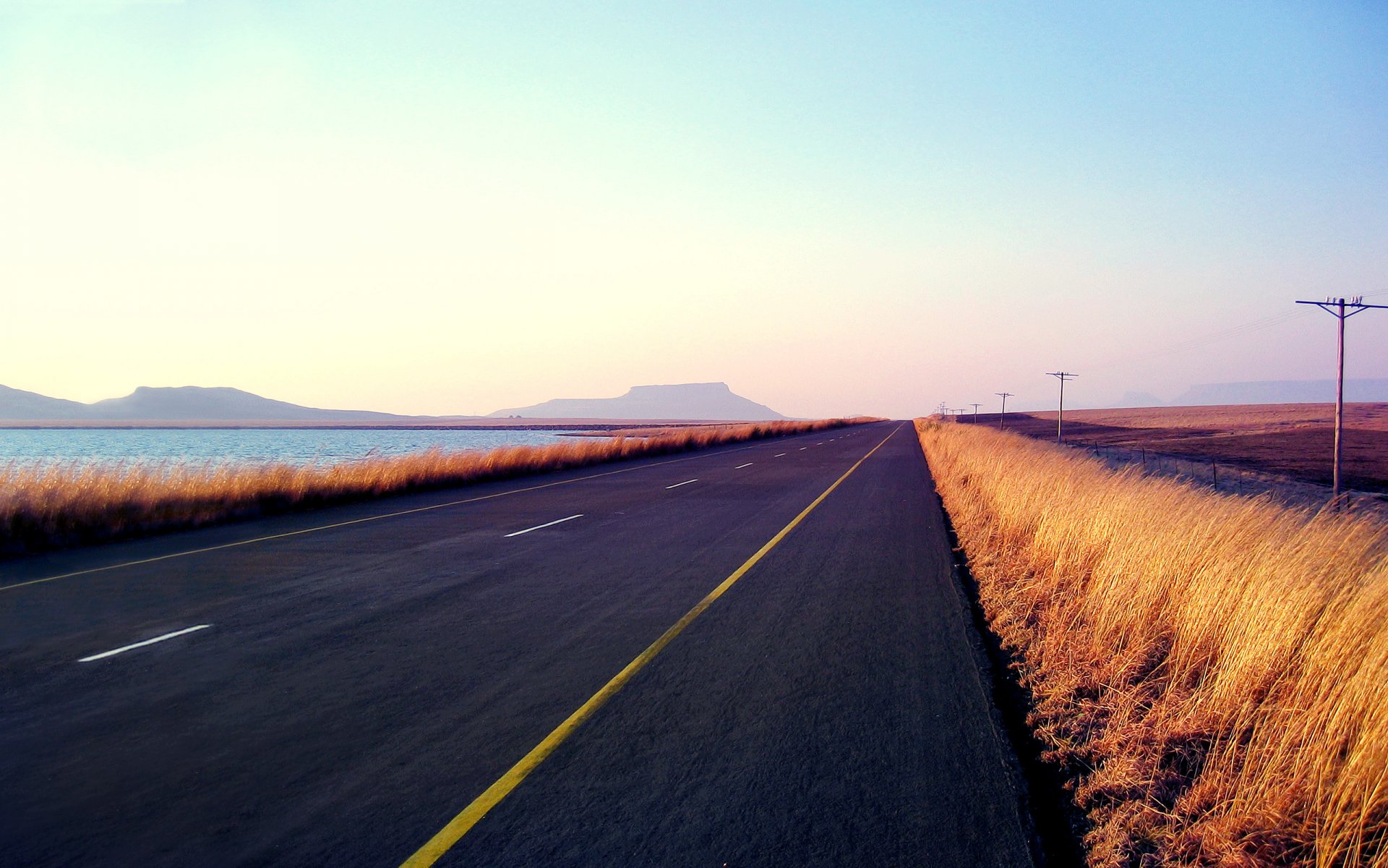 road asphalt line grass lap lake