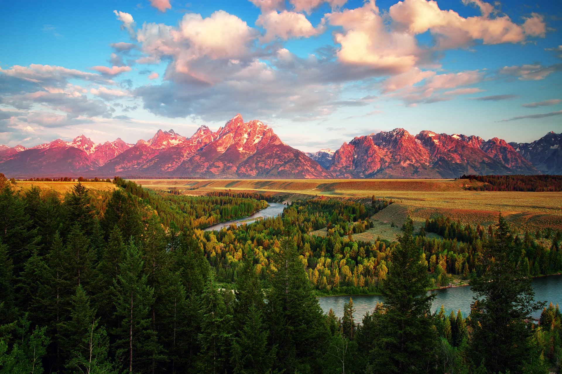 usa wyoming grand teton nationalpark morgen snake fluss berge sommer juli