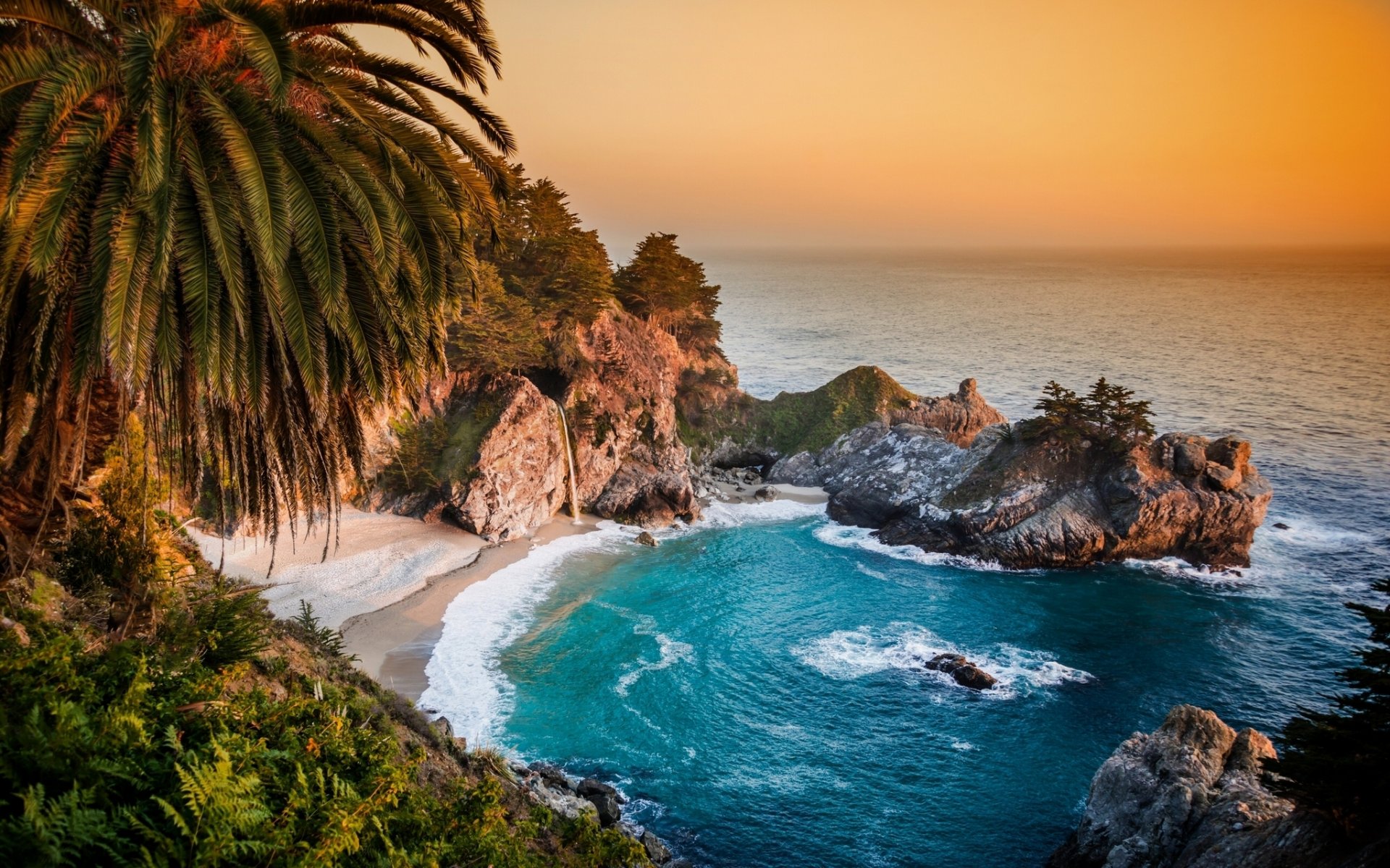 julia pfeiffer burns state park big sur california mcway falls pacific ocean big sur waterfall rocks coast palm tree