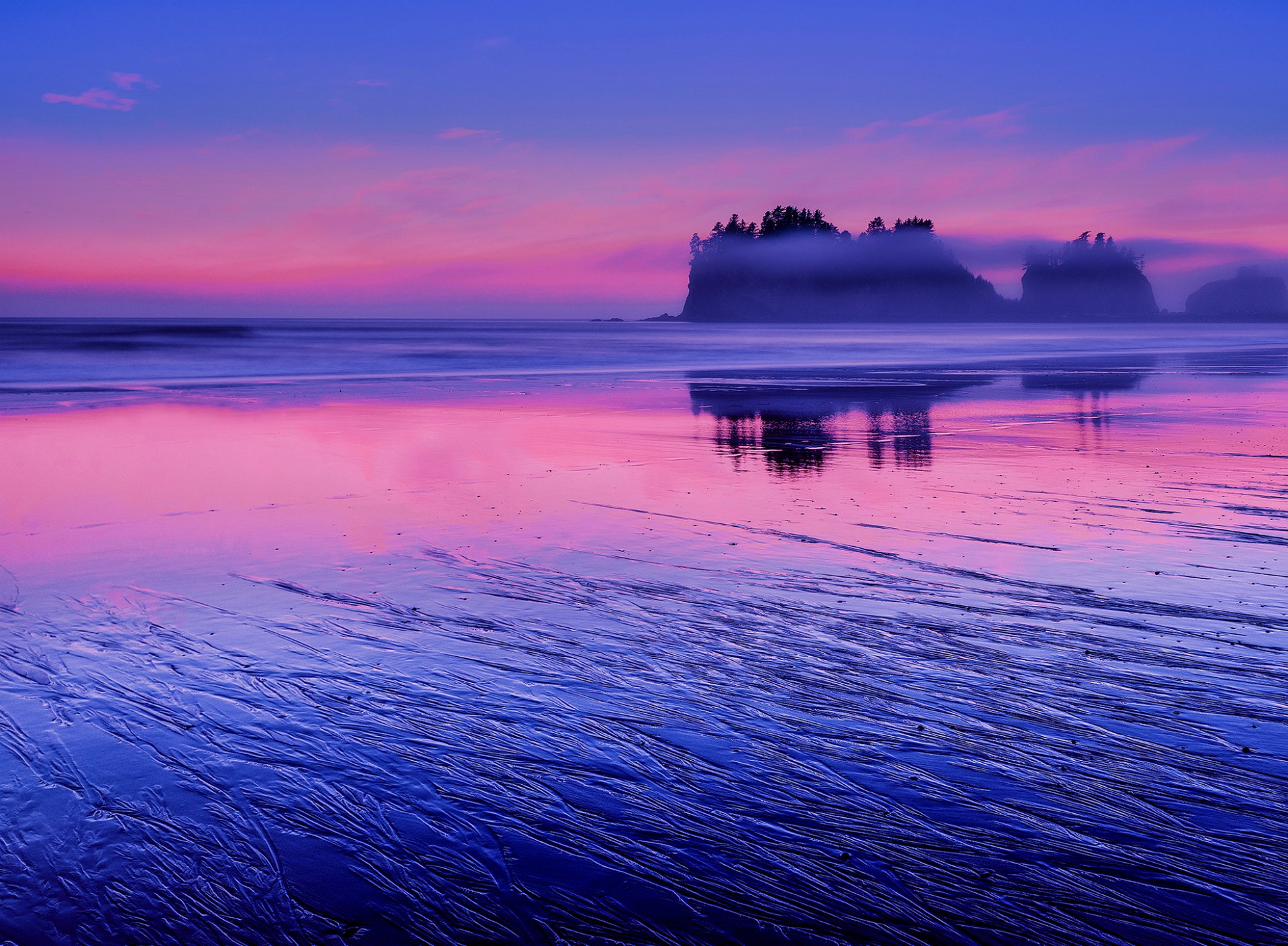 usa washington pazifischer ozean wasser küste felsen abend rosa sonnenuntergang wolken blau himmel reflexion