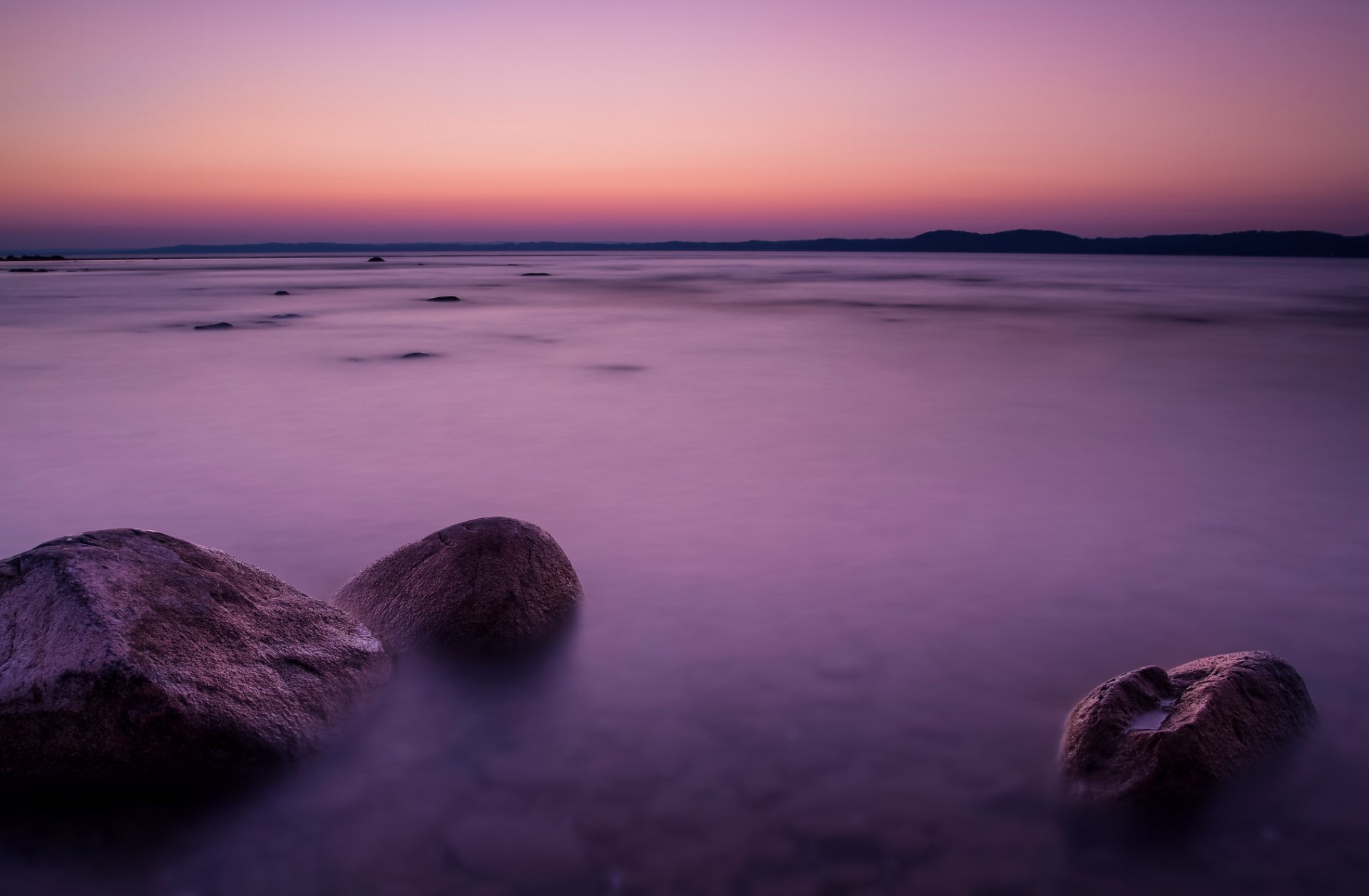 lake michigan beach stones night sunset orange raspberry sky