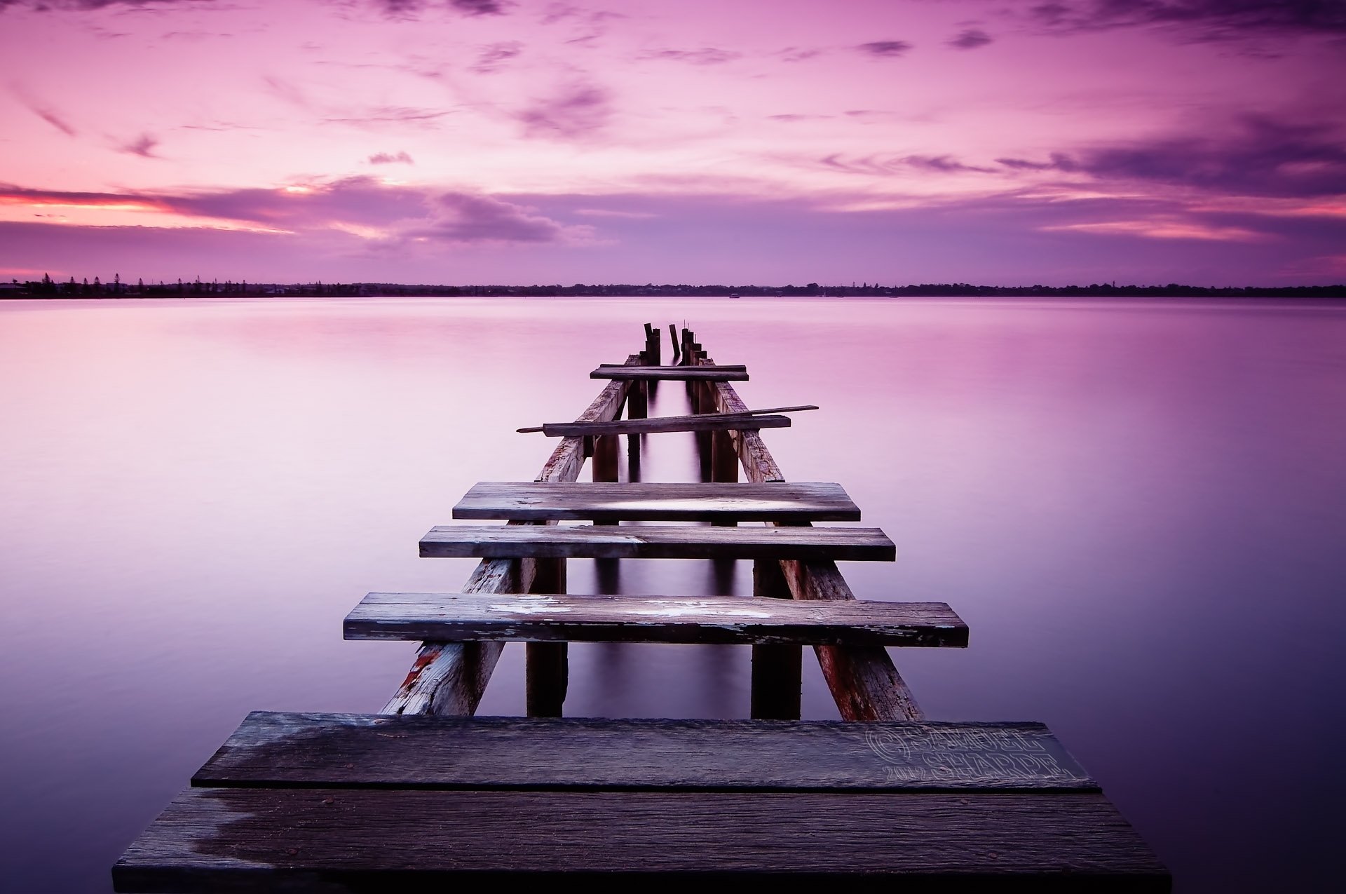 landscape nature pier bridge track sea water river pink horizon sky clouds silence background wallpaper widescreen full screen hd wallpapers fullscreen