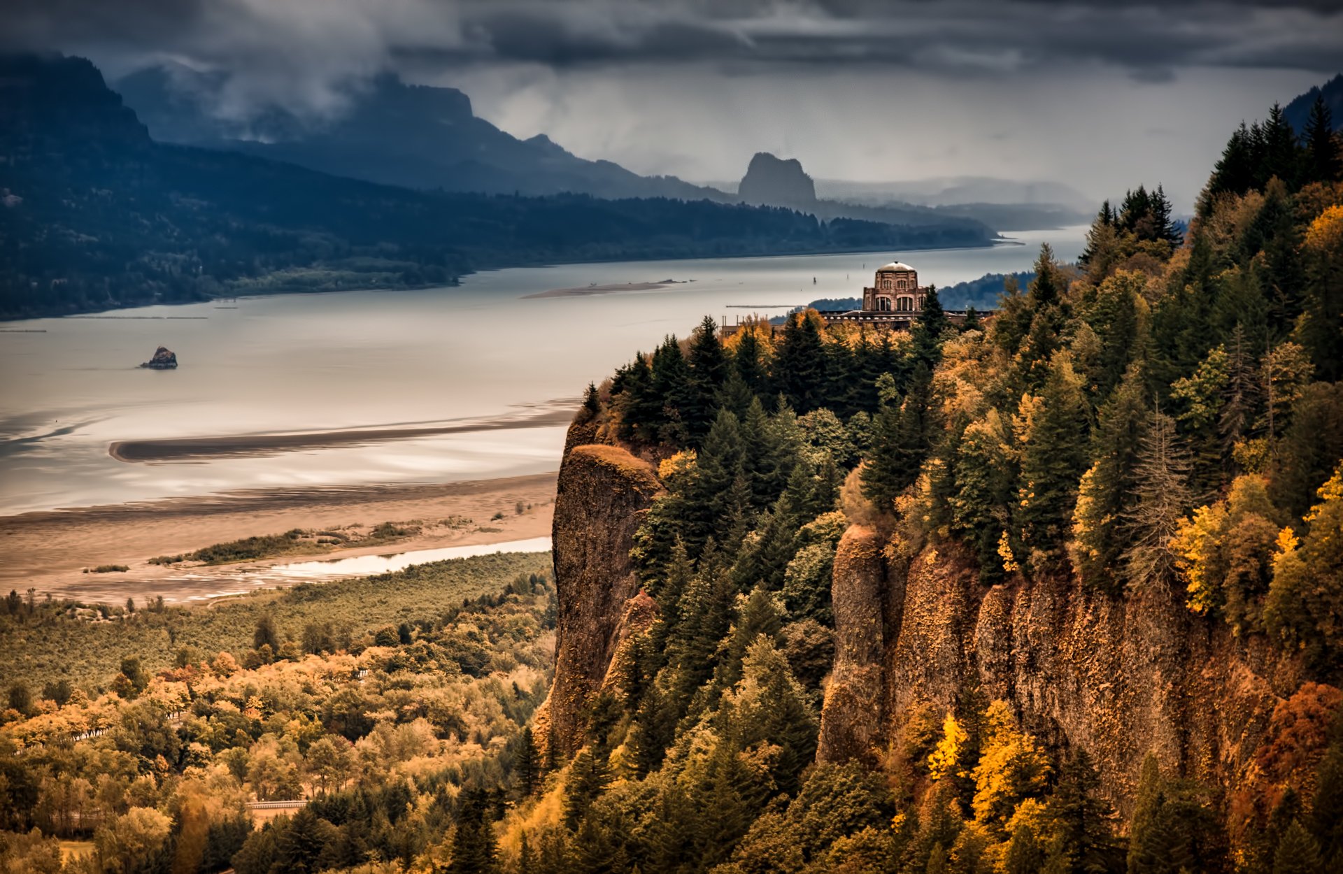 the overlook columbia river gorge river mountain forest autumn