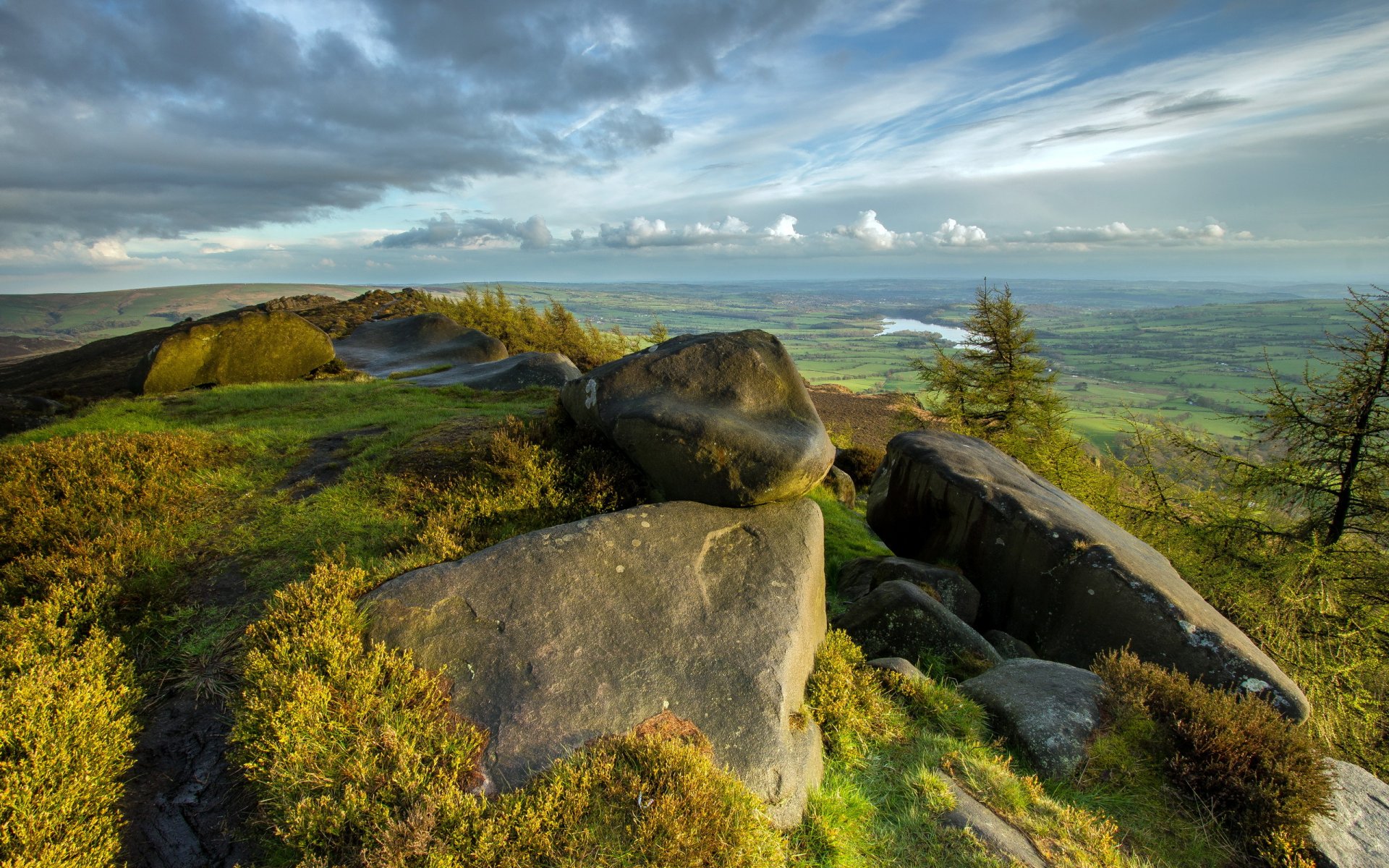 mountain valley stones sky landscape