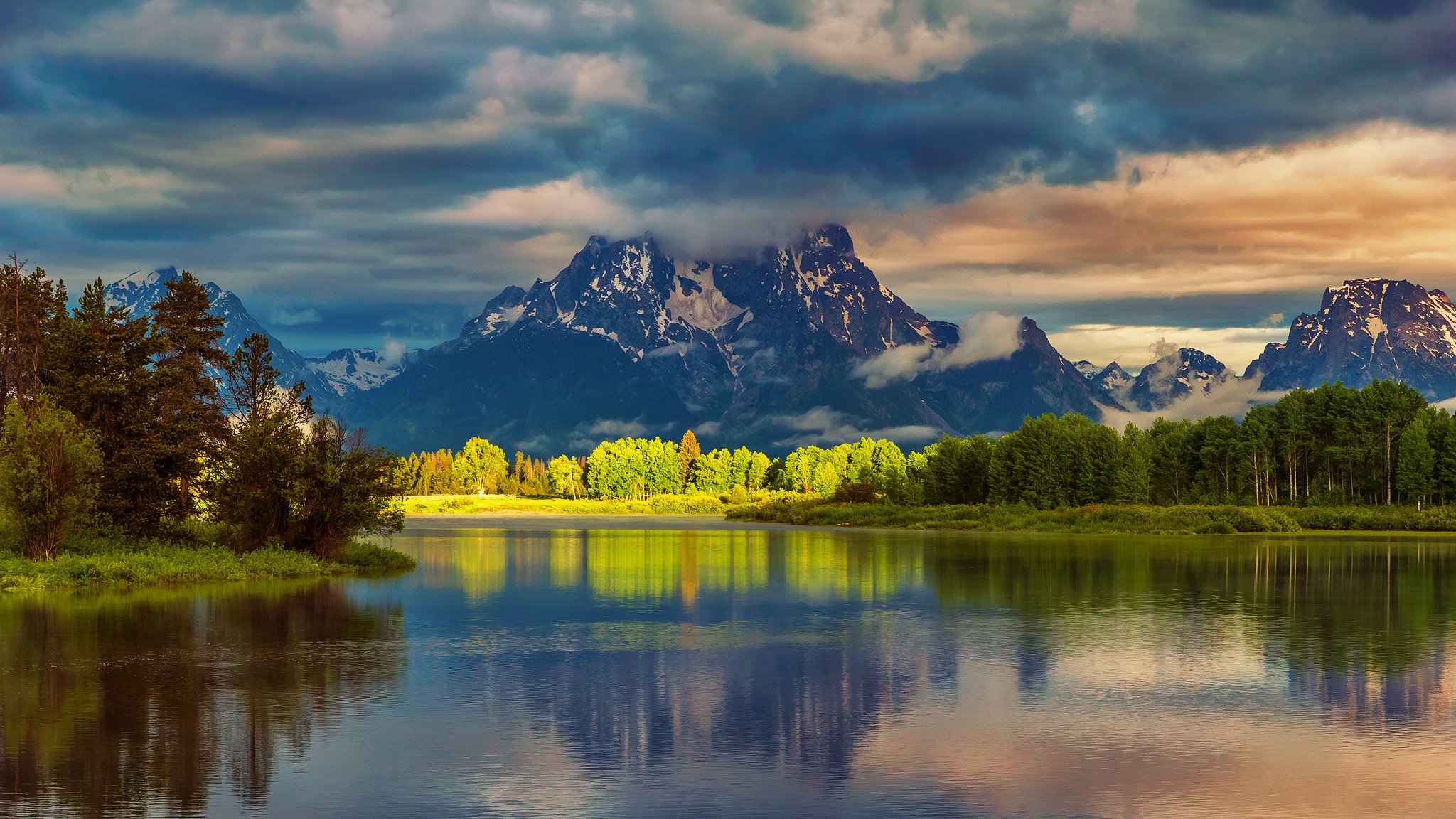 stany zjednoczone wyoming park narodowy grand teton zaścianek góry woda las poranek światło odbicia chmury lato