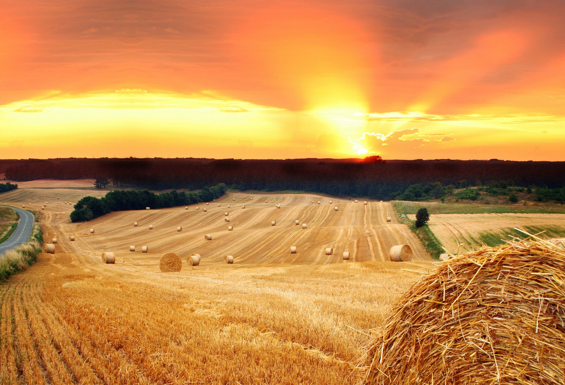 feld sonne sonnenuntergang heu stapel stroh straße bäume natur