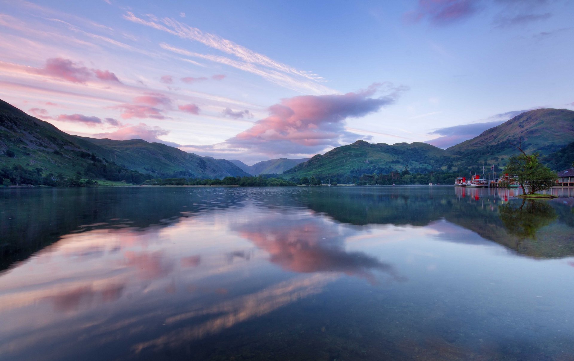 lake sky clouds boat reflection