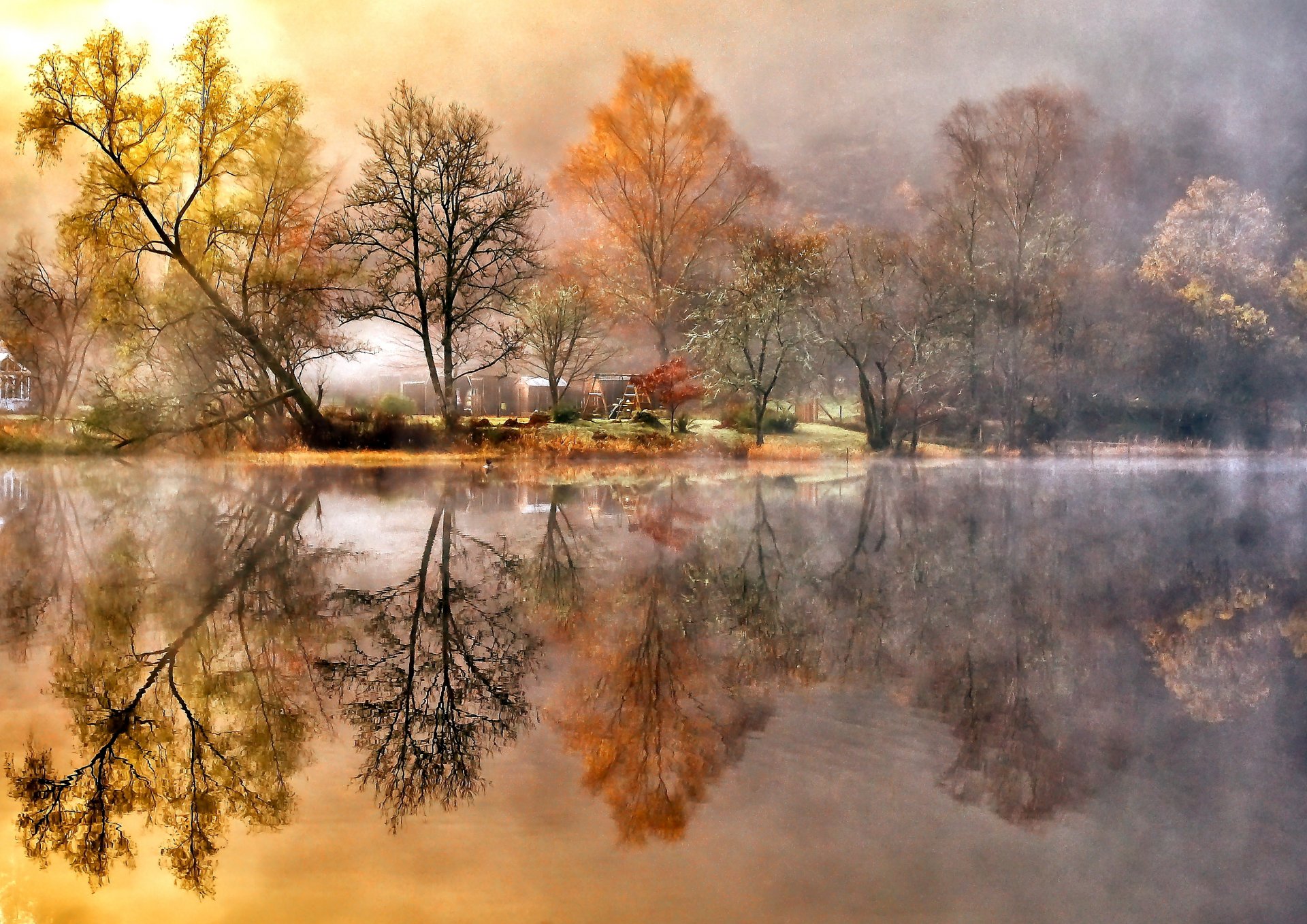 otoño río costa árboles follaje casas neblina reflexión desenfoque