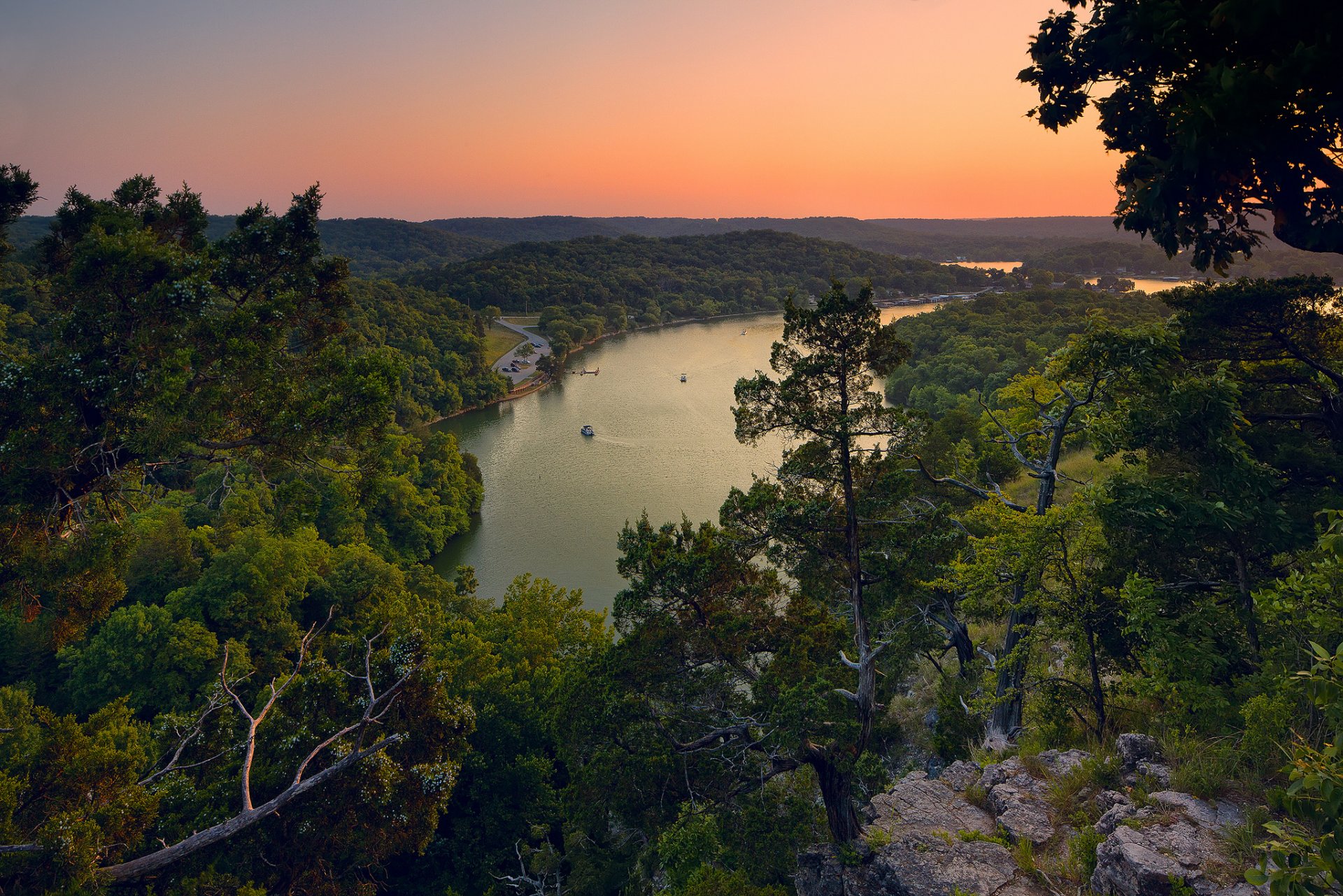 lake of the ozarks lake forest tree sunset panorama nature