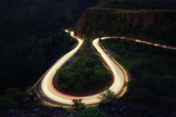 Night road around the forest