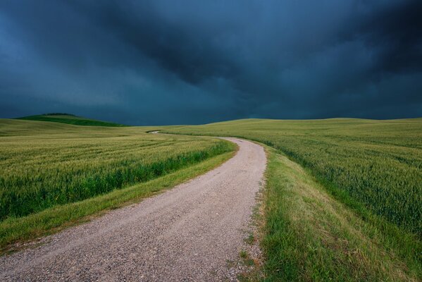 Paisaje de Tascana en Italia con un campo verde, un largo camino y un cielo sombrío