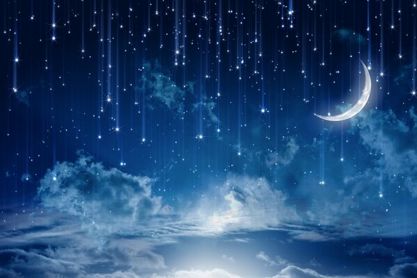 Magical rain of stars in the blue sky