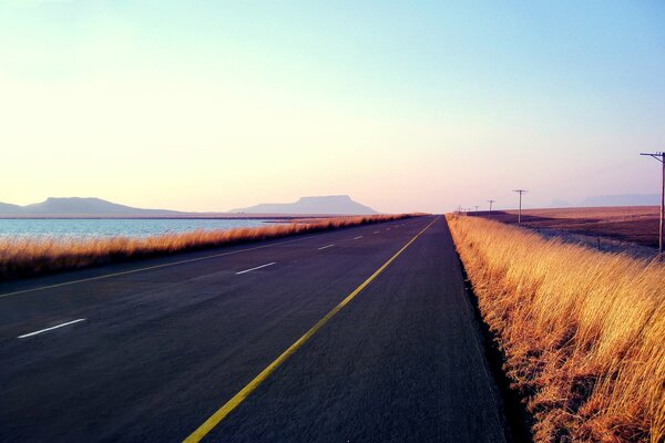 Paved road along the grass and lake