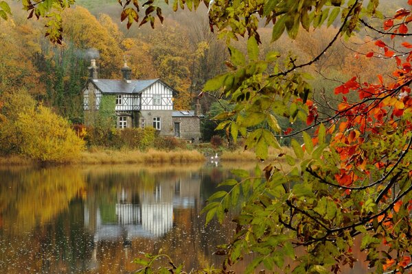 Cozy house on the lake with a smoking chimney