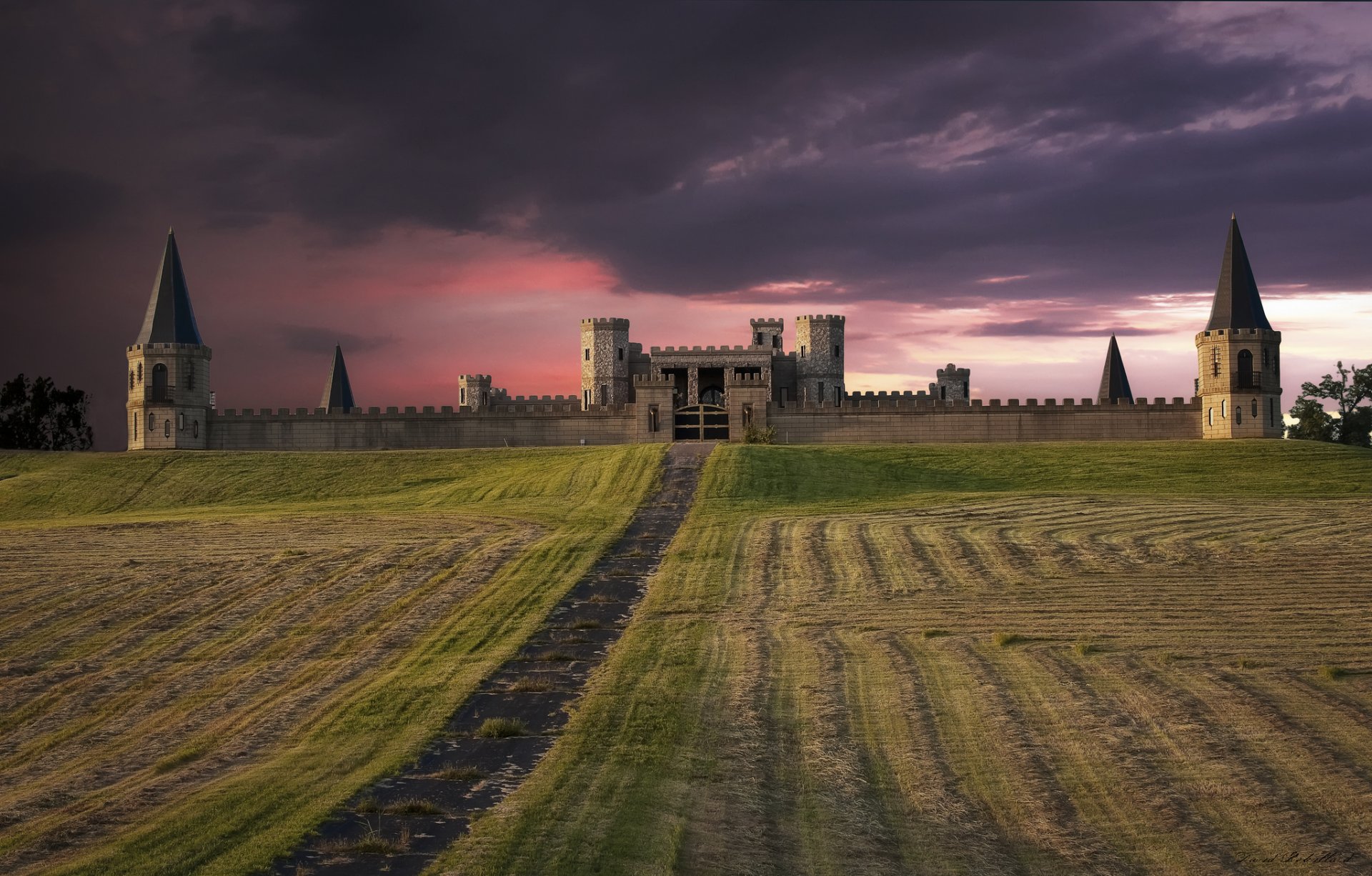 united states castle fortress the field night pink sunset sky cloud