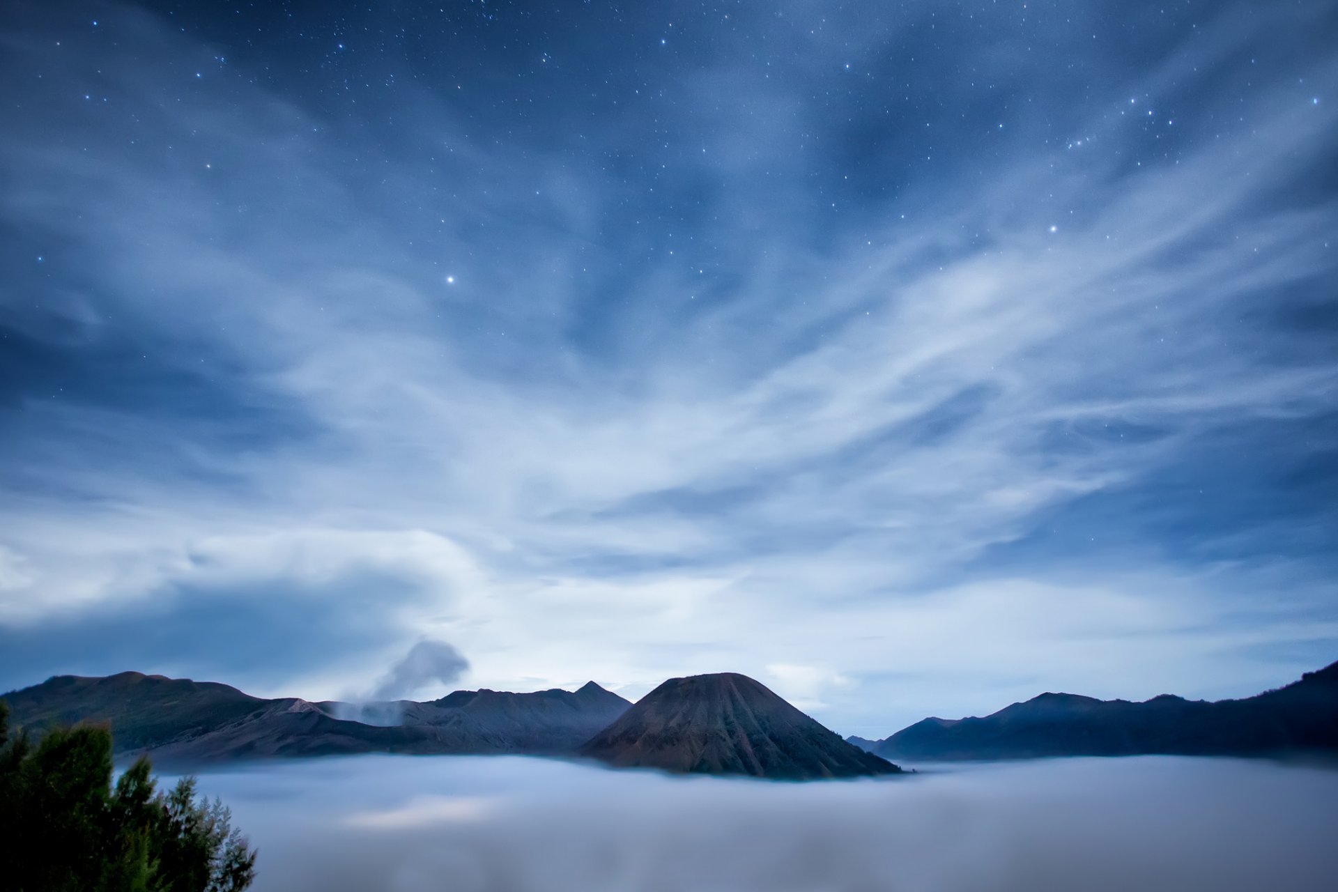 indonesia java island sea volcano night sky clouds star