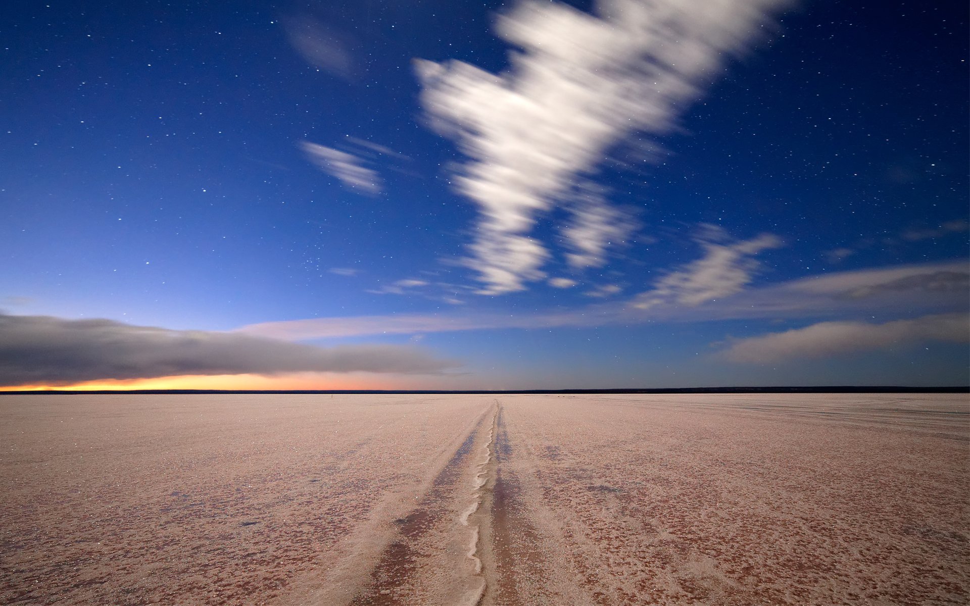 argentina road desert salt horizon night sunset clouds star blur