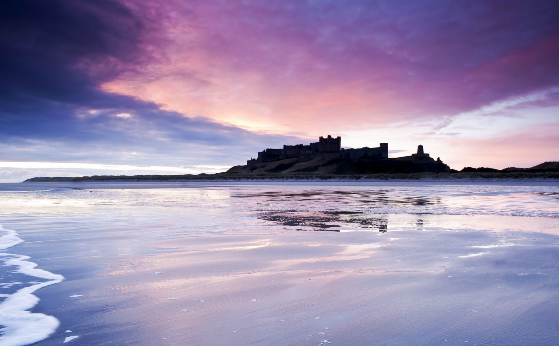 united kingdom england castle sea beach night lilac purple sky cloud