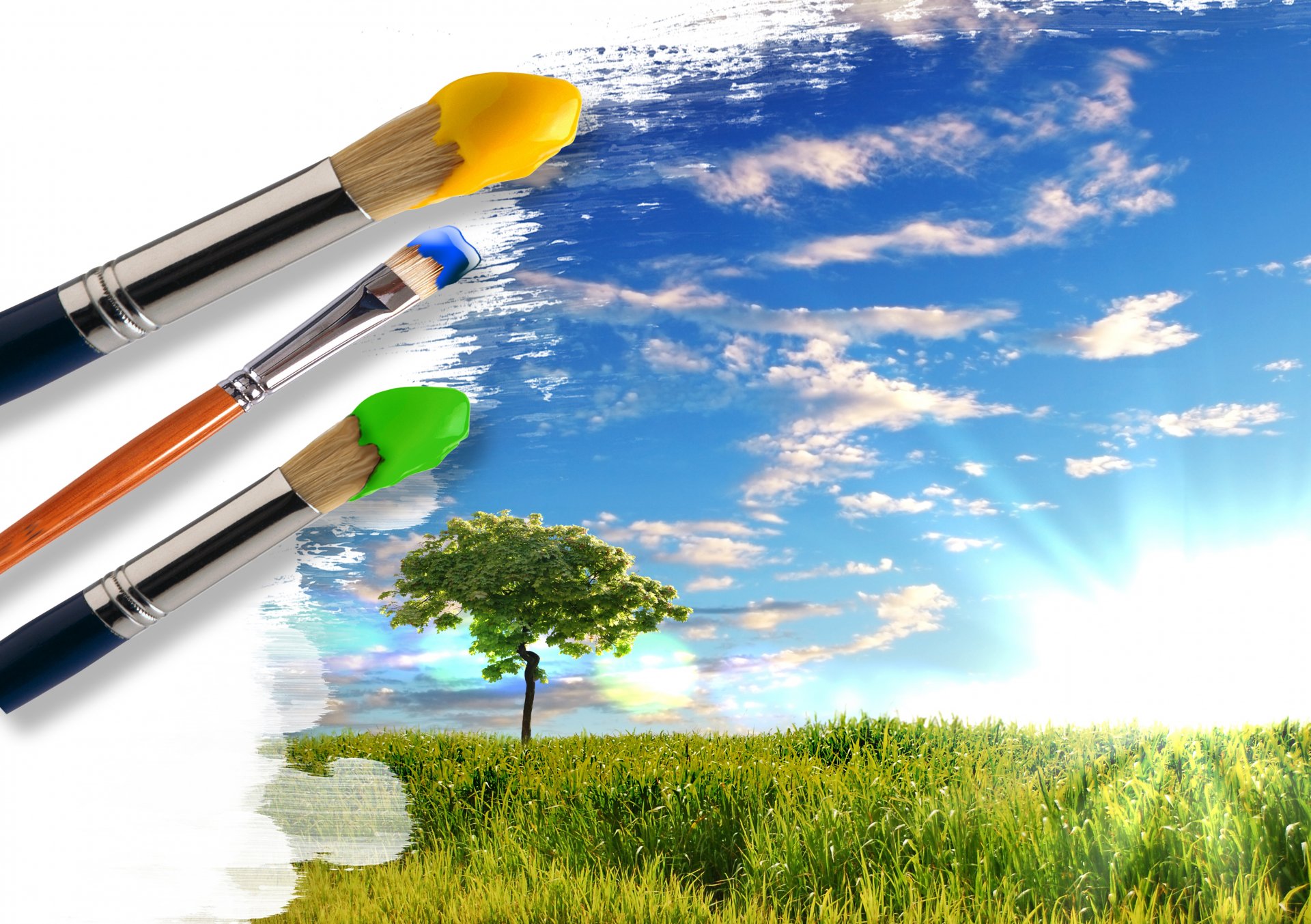 creative paint brush grass green tree sky sun cloud