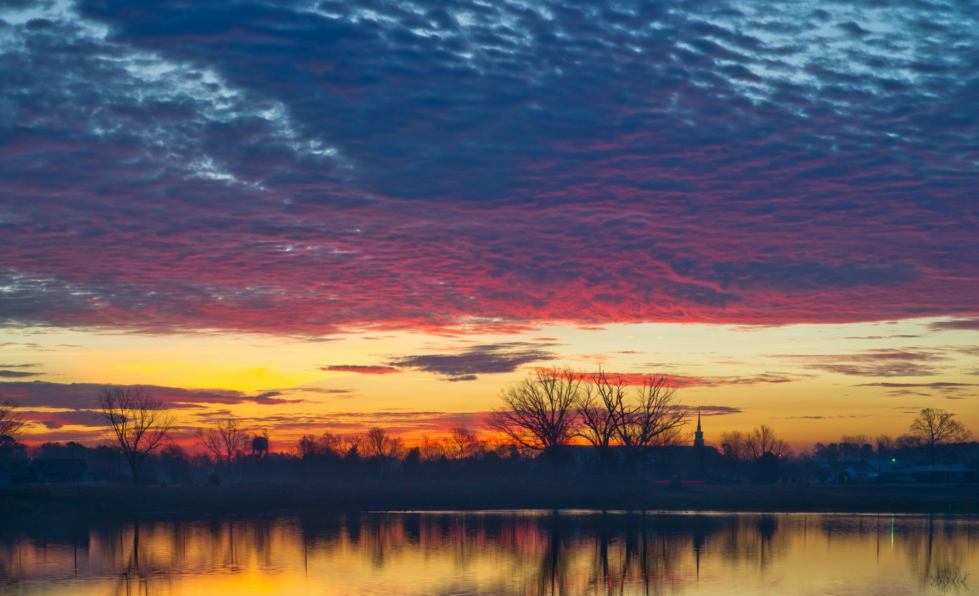 united states night lake tree sunset sky clouds reflection