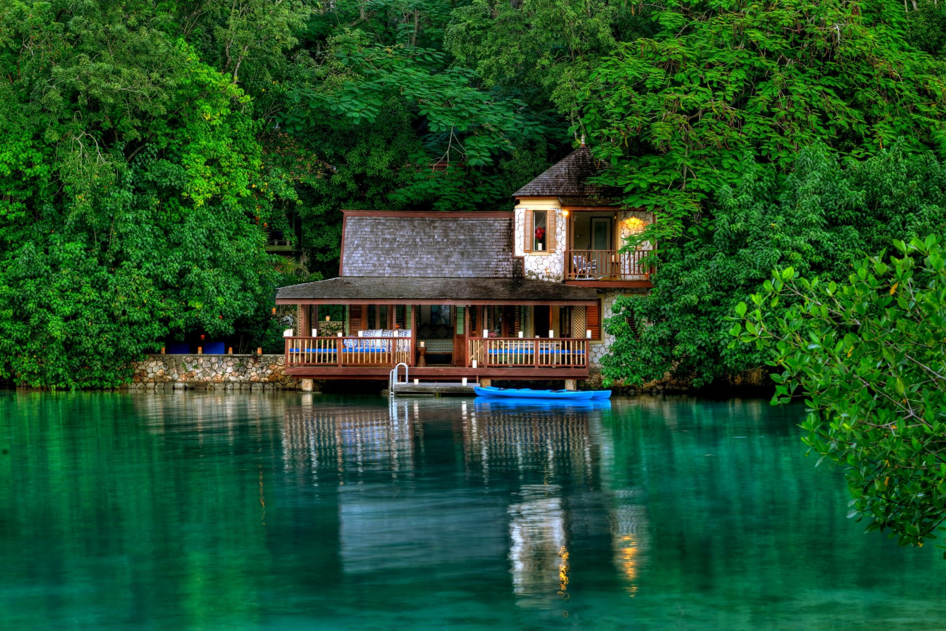 jamaika insel haus urlaub bäume blätter grün wasser reflexion