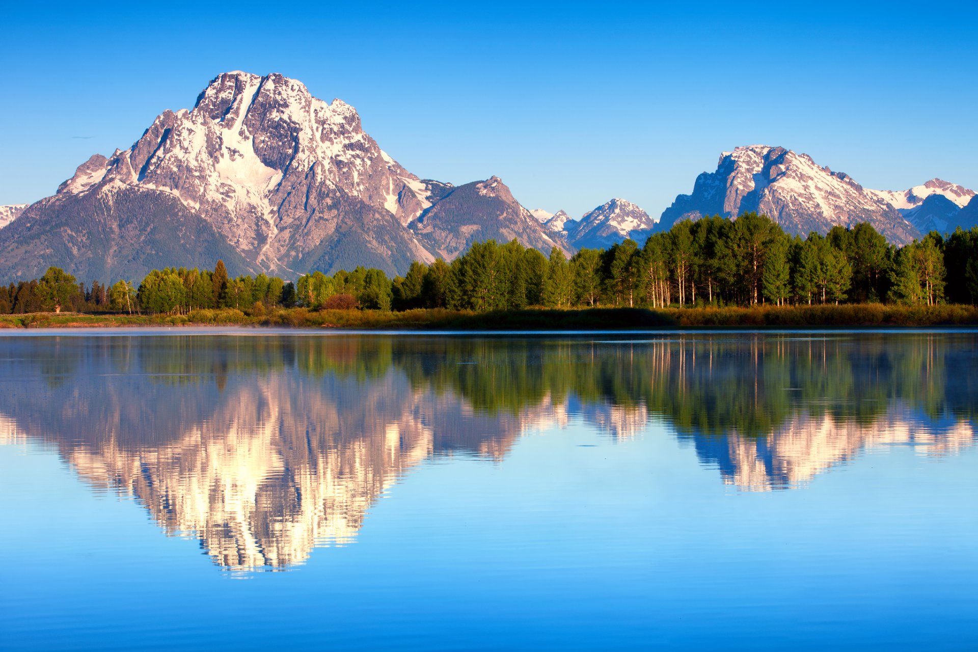 stany zjednoczone wyoming park narodowy grand teton mount moran jackson lake natura lato poranek las odbicia