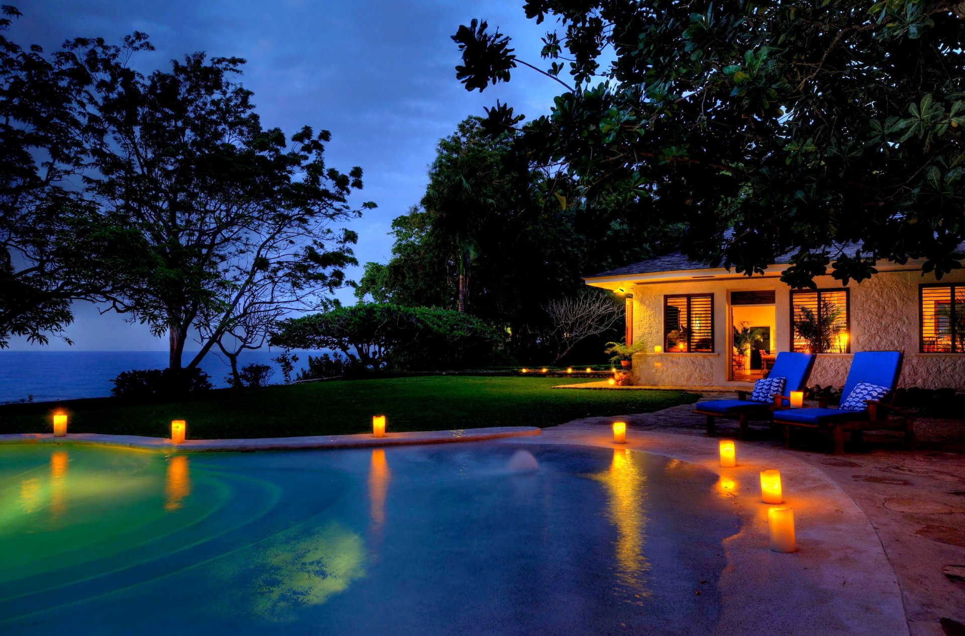 jamaica island resort house pool candles tree ocean night sport