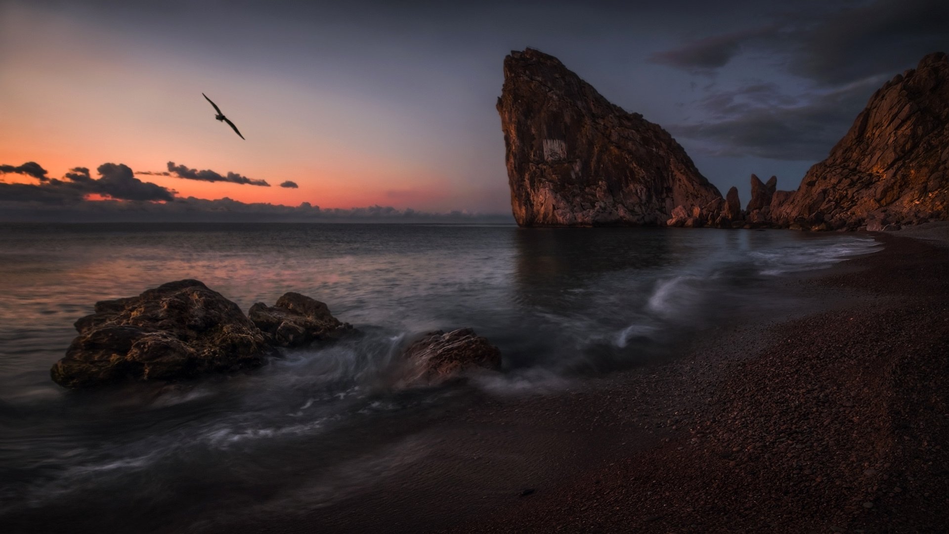 paysage crimée mer rochers diva simeiz côte coucher de soleil oiseau