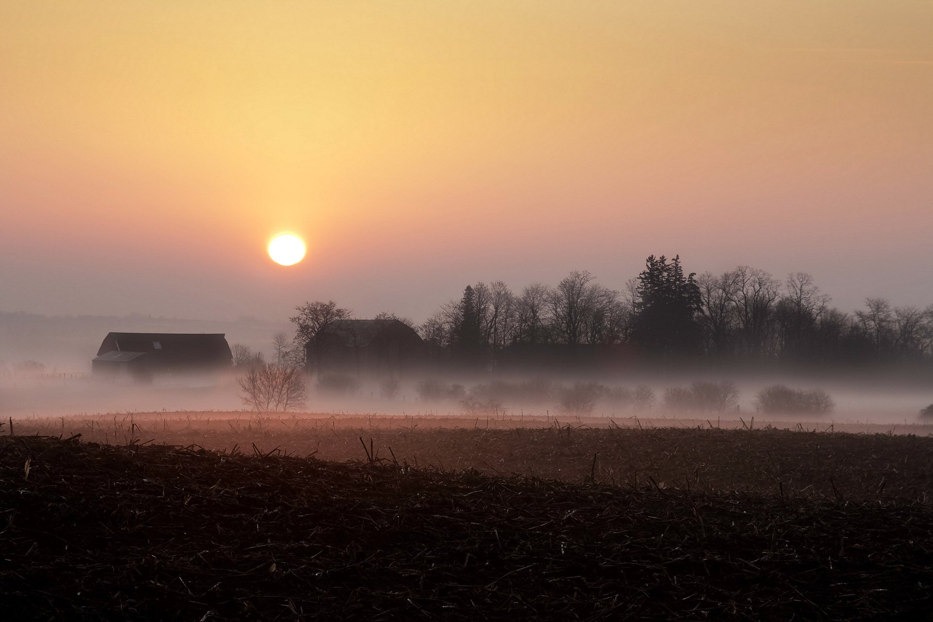 coucher de soleil champ brouillard maison paysage