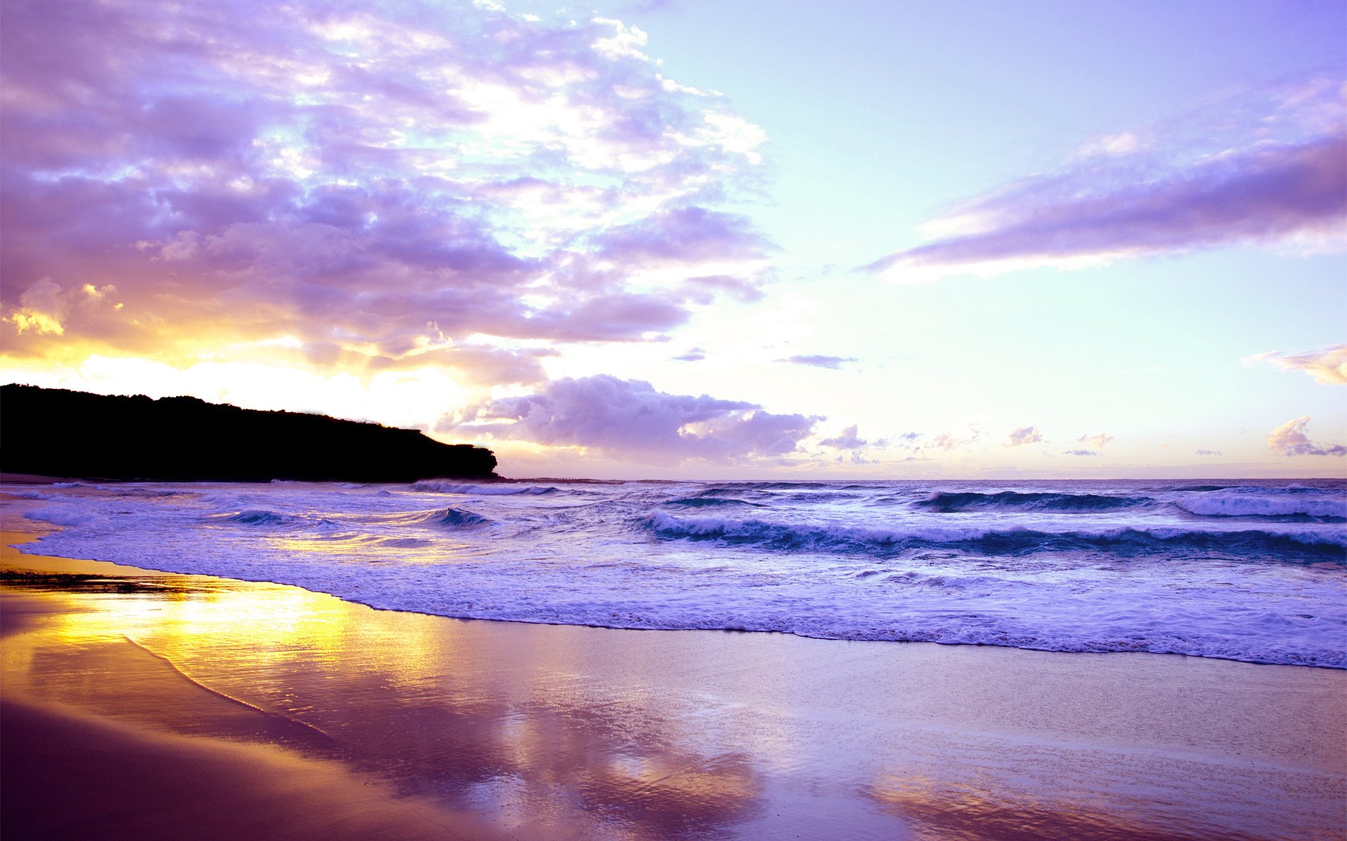 paysage mer coucher du soleil vagues côte ciel joliment