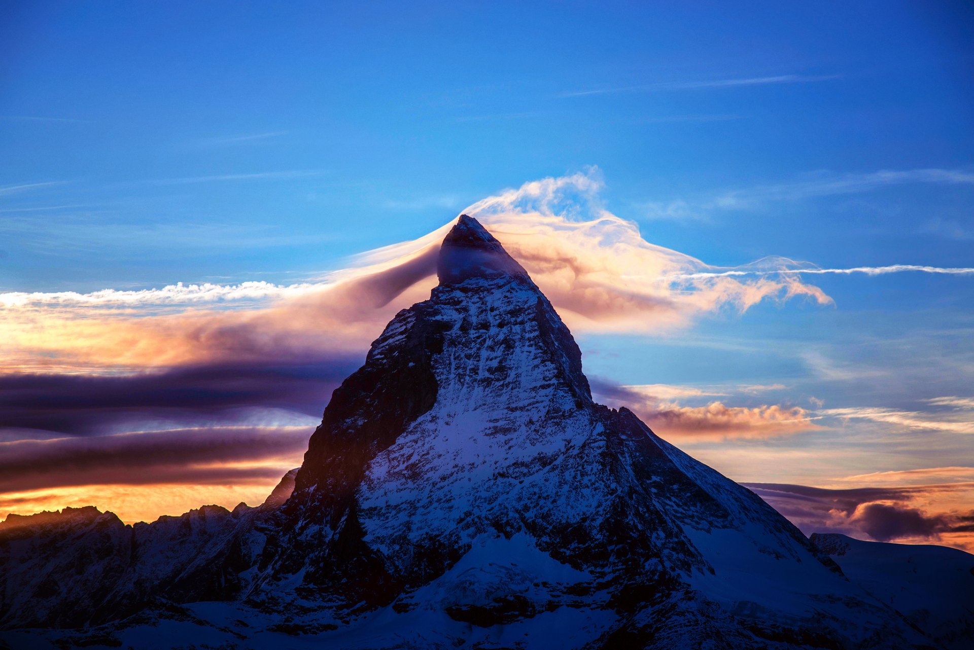 alpi svizzera italia cervino sera tramonto cielo nuvole montagne neve