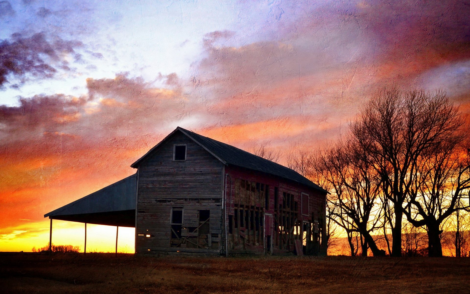 maison coucher de soleil fond style