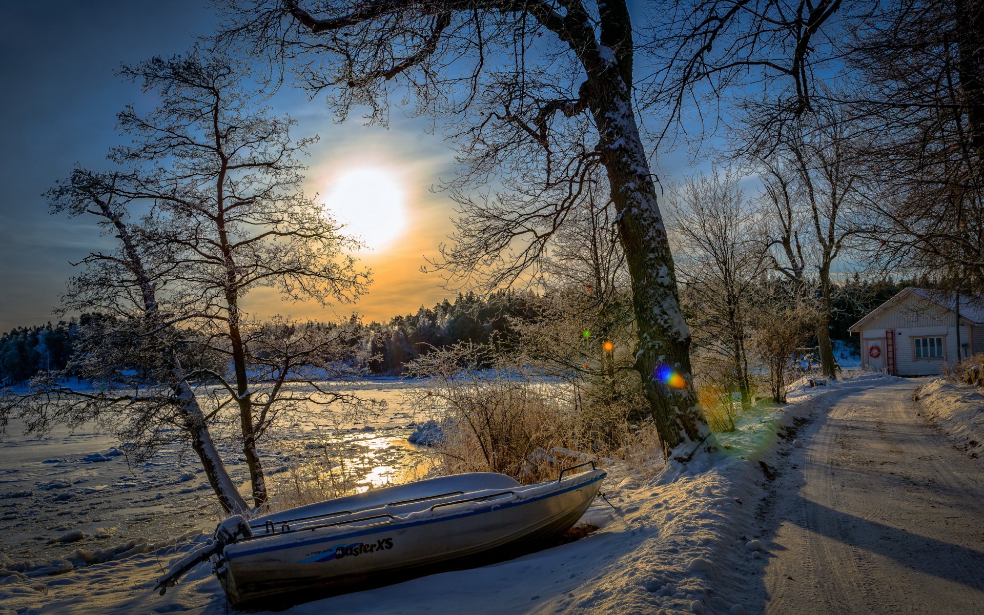 morning winter road boat house