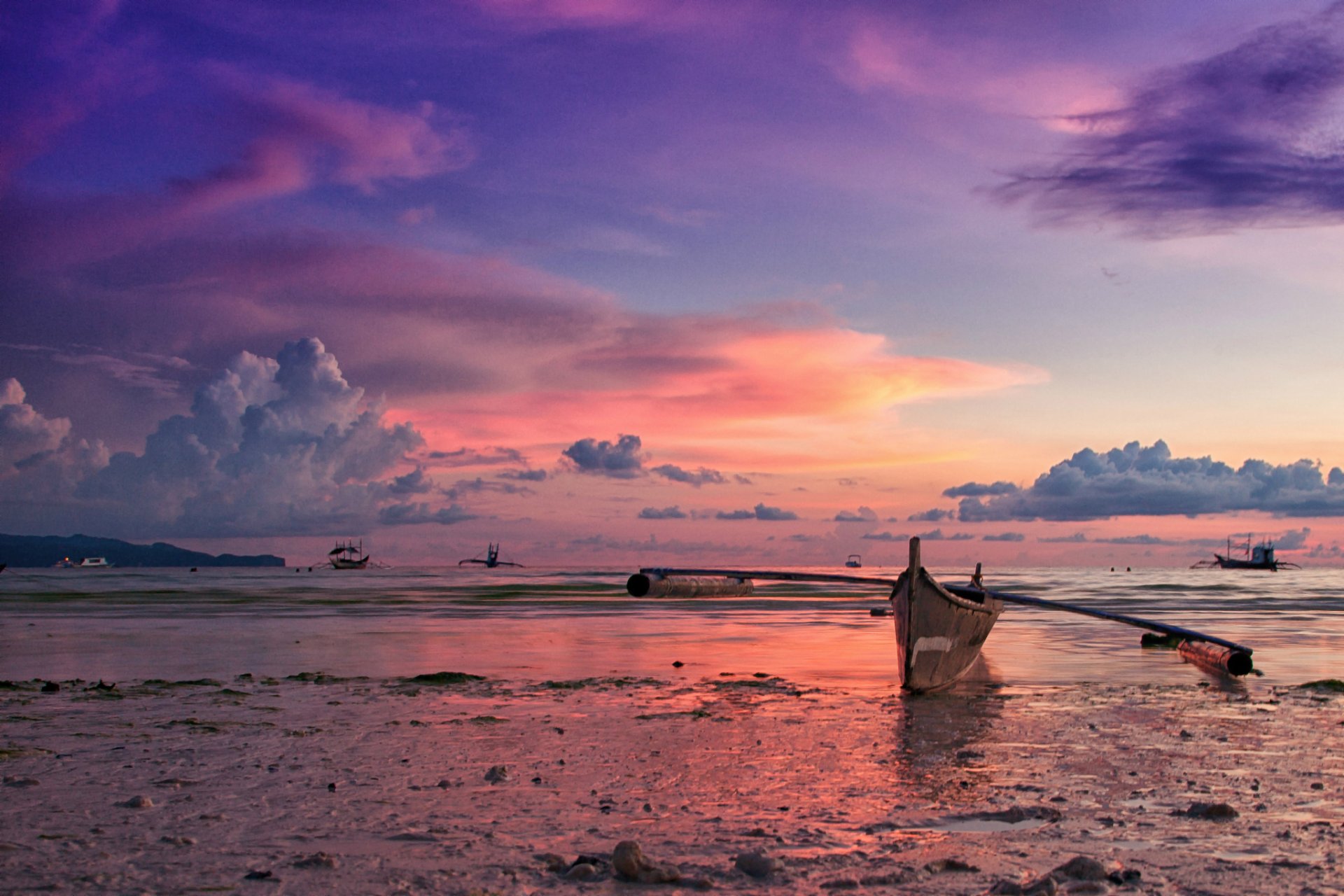 filipinas isla océano costa barco tarde puesta de sol cielo nubes