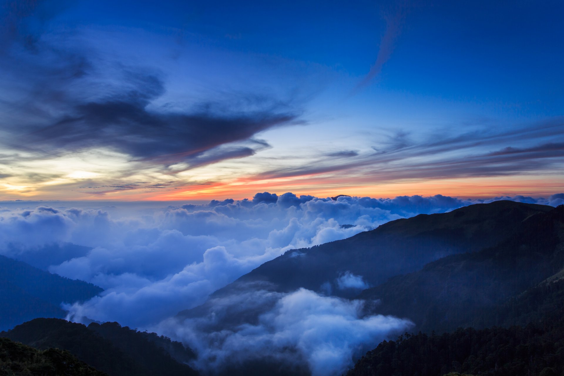 china taiwan national park mountain hills tree haze fog clouds sky night sunset