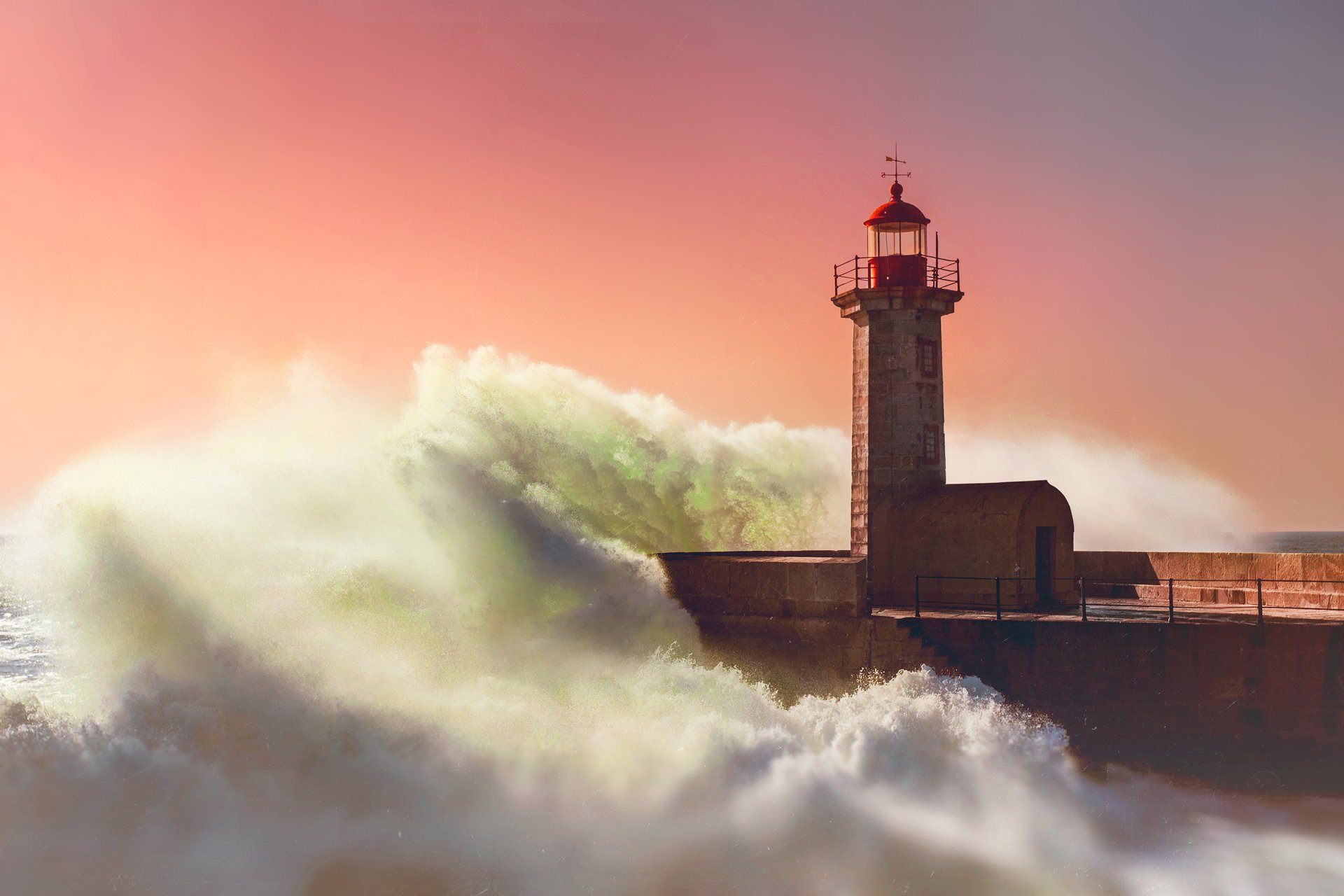 phare vague mer soir coucher de soleil