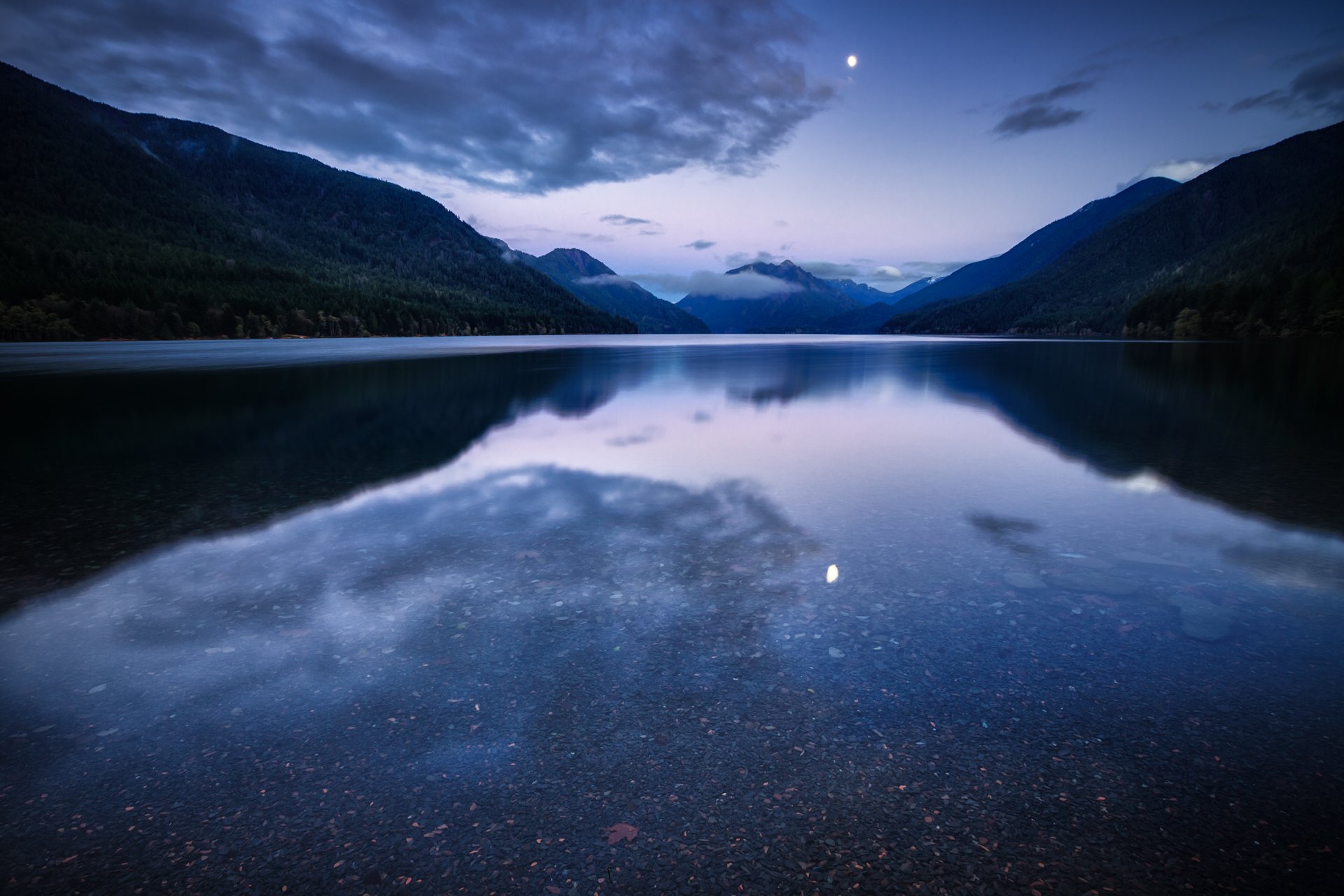 united states washington national park forest mountain lake water surface of night blue lilac sky clouds moon reflection