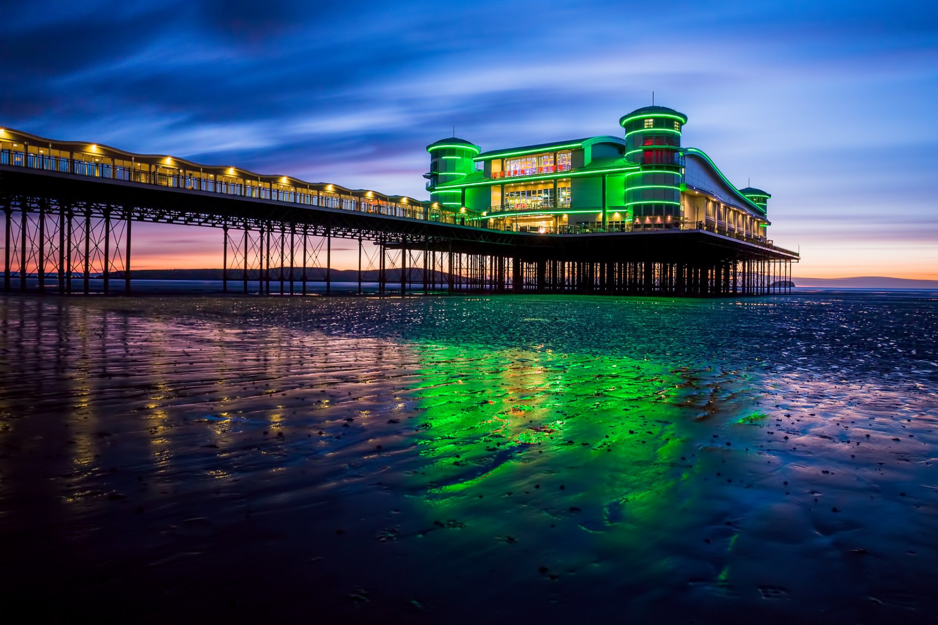 großbritannien england küste bucht meer pier hintergrundbeleuchtung lichter abend sonnenuntergang himmel