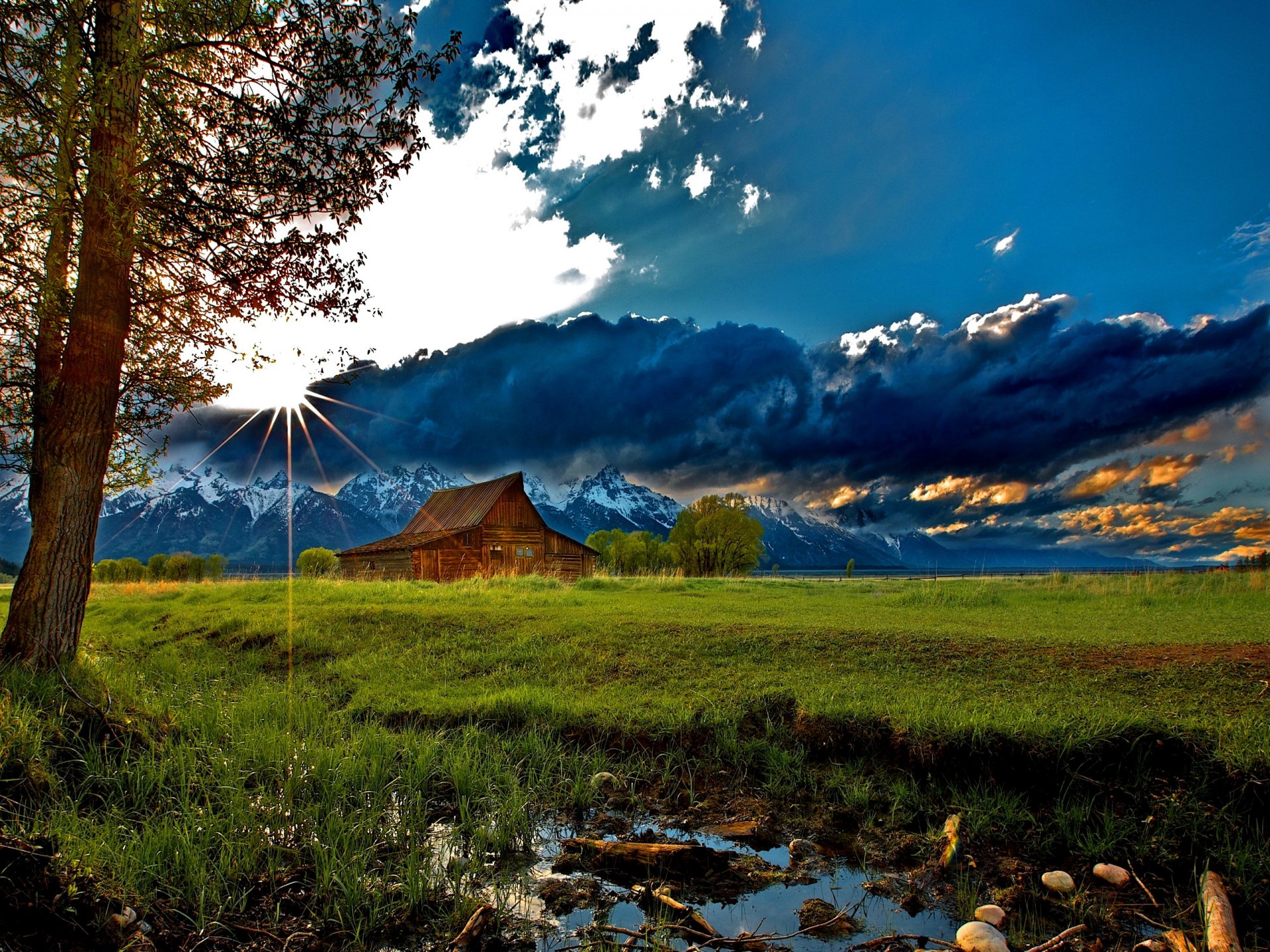 natur wolken berge schnee hütte gras bäume landschaft