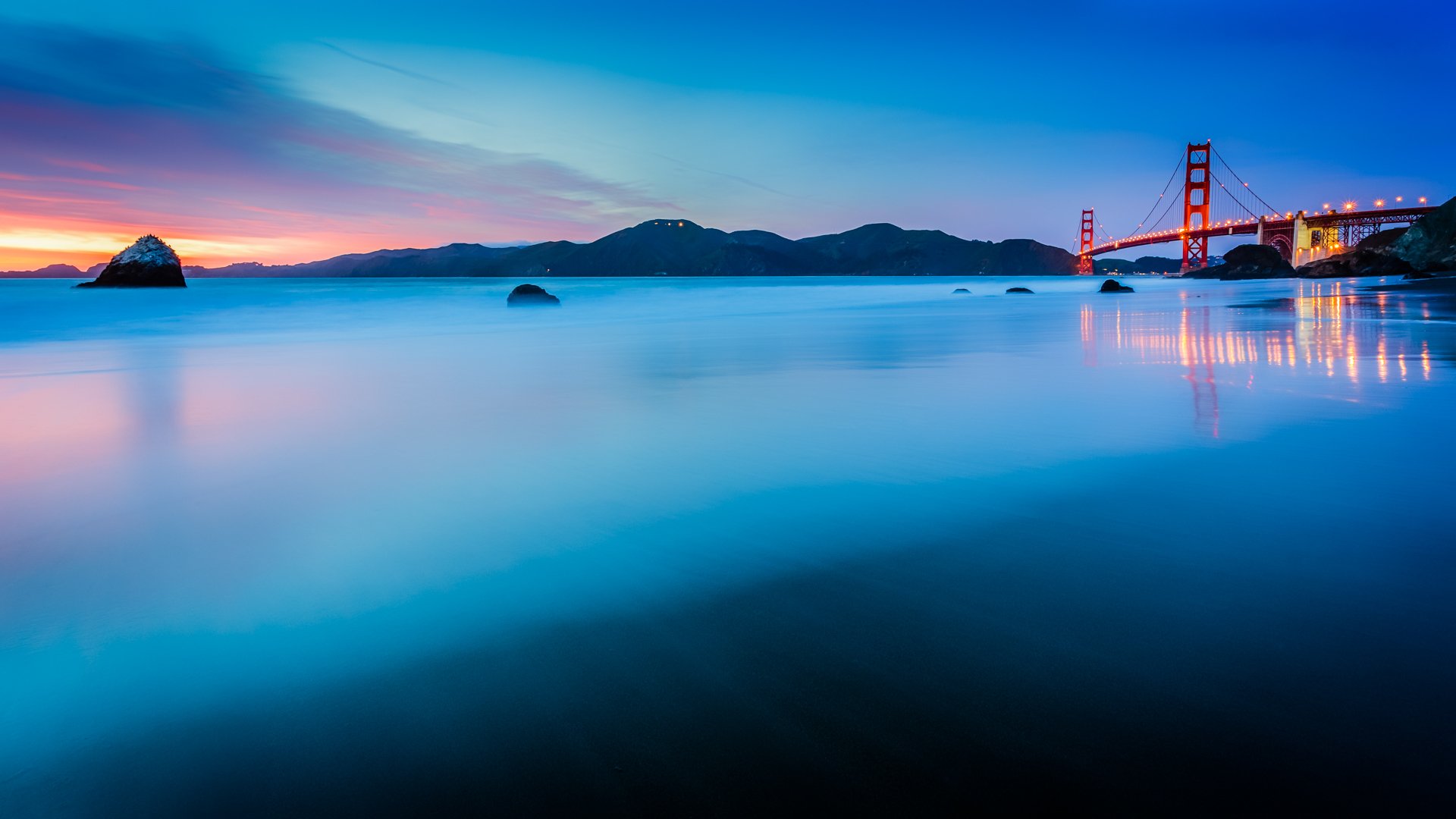 stati uniti california san francisco golden gate ponte luci oceano stretto riva calma sera tramonto blu turchese cielo nuvole