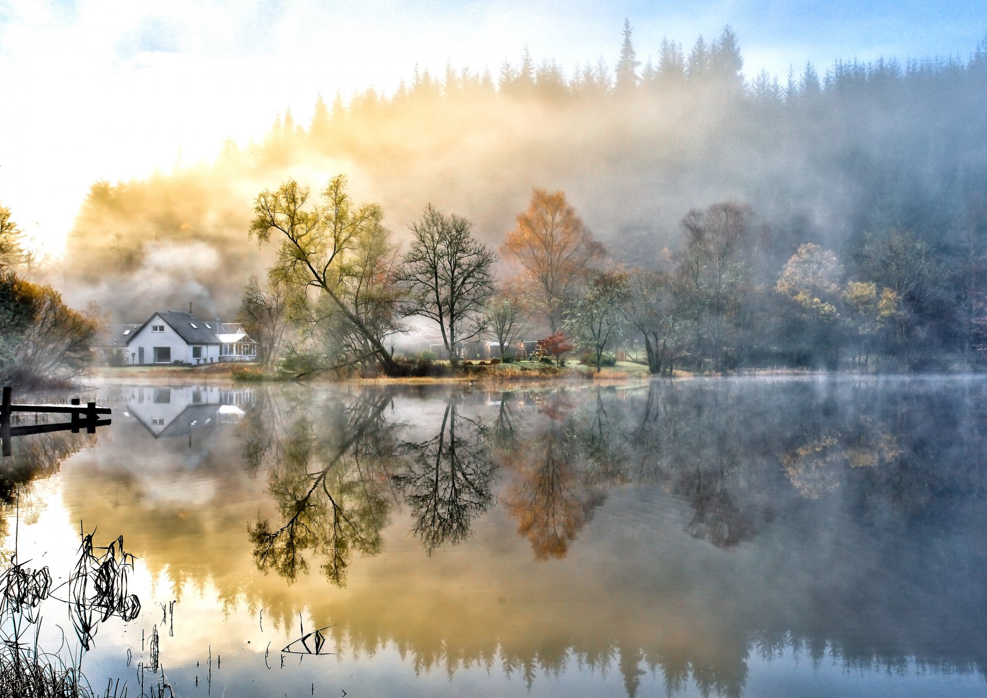 natur himmel wolken landschaft see wasser bäume herbst häuser