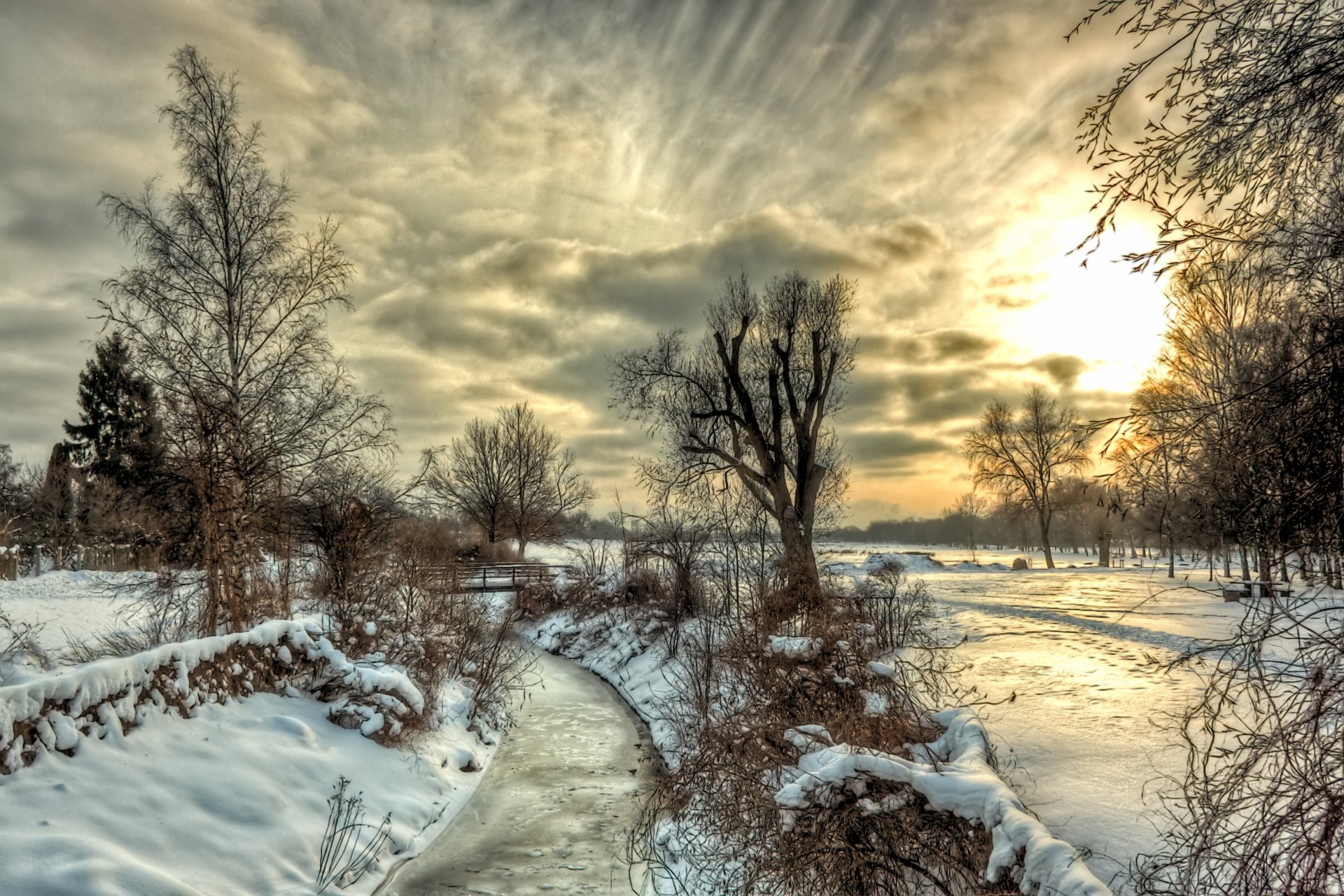 natur landschaft fluss bäume himmel wolken schnee winter sonnenuntergang