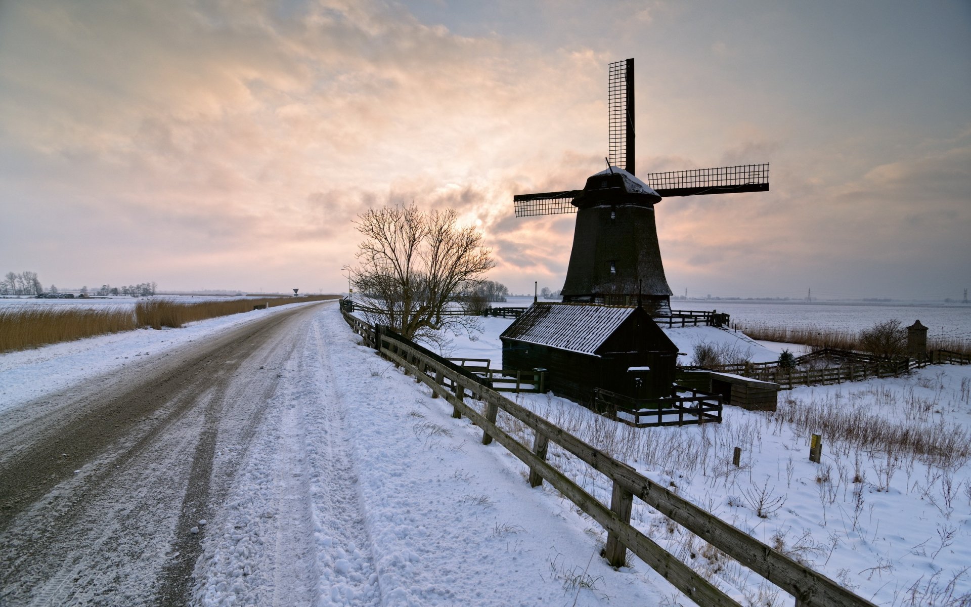 straße mühle winter sonnenuntergang landschaft