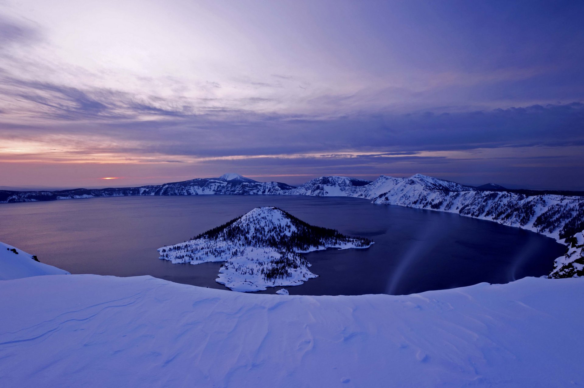 dawn morning mountain crater lake forest sky