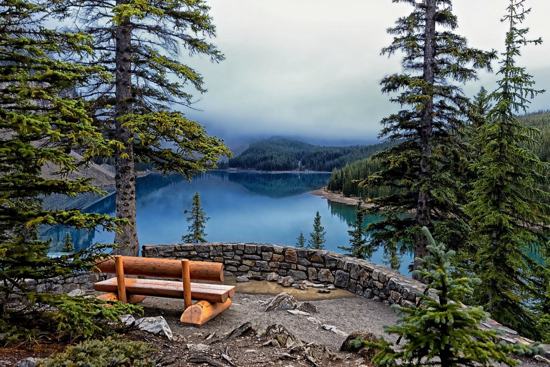 lago moraine parco nazionale di banff lago alberi abeti rossi panchina